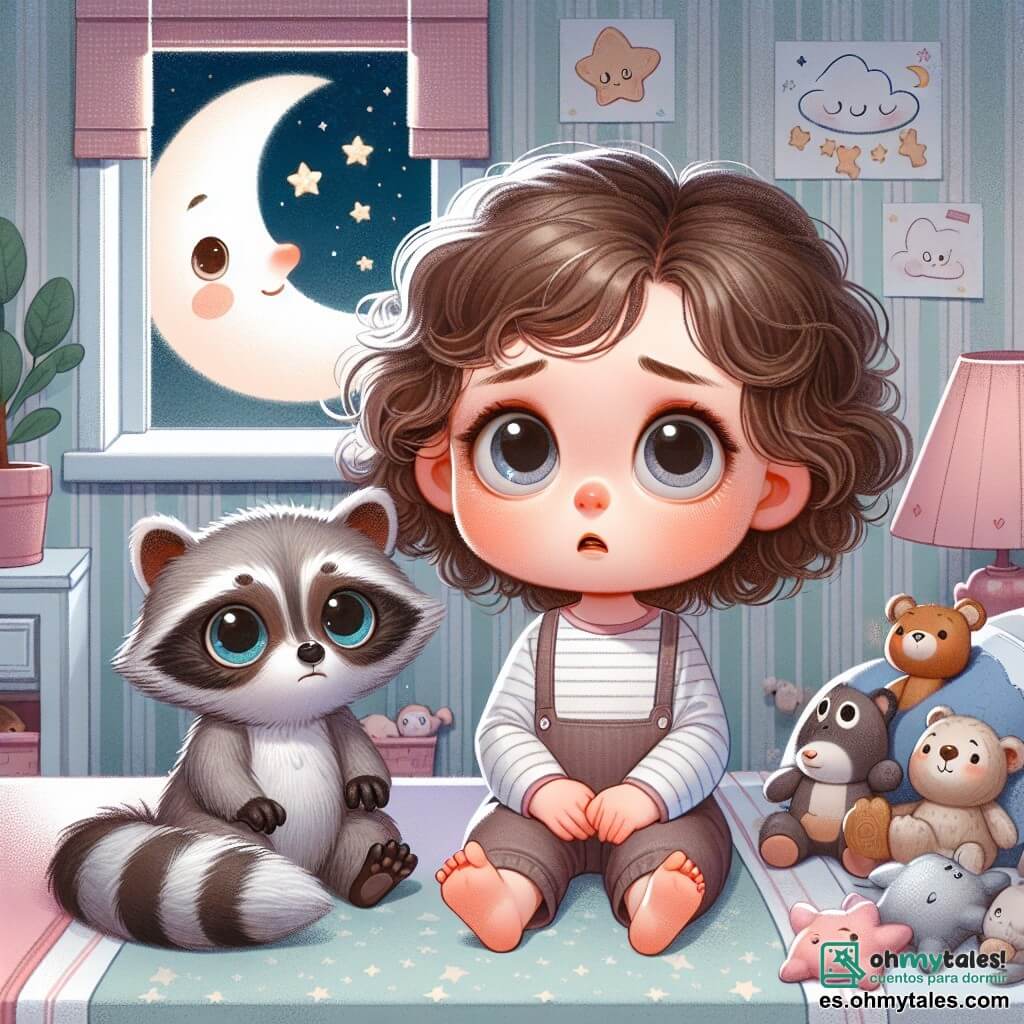 Una niña de 2 años, llamada Ana, con cabello rizado y castaño, y grandes ojos curiosos, está sentada en su cama, rodeada de peluches. Tiene una expresión de preocupación en su rostro, con las cejas fruncidas y los labios ligeramente apretados, mientras mira a su alrededor en la penumbra. A su lado está Tito, un pequeño mapache con pelaje gris y ojos brillantes, que sonríe con confianza. Está sentado en el borde de la cama, listo para tranquilizar a Ana. La escena transcurre en la habitación de Ana, decorada con paredes en tonos pastel, con estrellas y nubes dibujadas, y una lámpara en forma de luna que ilumina suavemente la habitación, creando sombras suaves. Hay juguetes esparcidos por el suelo y una ventana que muestra un cielo estrellado. En esta situación, Ana, un poco asustada por la oscuridad, escucha a Tito explicarle que las estrellas brillan incluso en la noche, mientras cuentan juntos las estrellas visibles a través de la ventana.