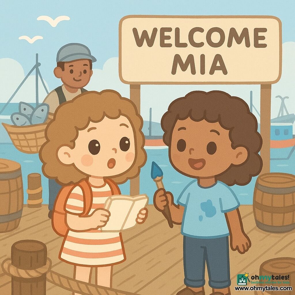 A surprised meeting between two 6-year-old girls both named Mia on a wet wooden dock: one Mia with light chestnut curly hair, large bright eyes, freckled face, wearing a striped dress and small backpack, hand on a notebook with a small blue paint stain; the other Mia like a mirror, curly hair, paint-stained shirt, holding a paintbrush and smiling mischievously a few steps away; in the background a fish seller in his 40s wearing a gray cap with a basket of shiny fish on his shoulder stands near colorful creaking boats, thick ropes, barrels and worn planks under a sky with white seagulls and a painted sign reading WELCOME, MIA; sunny, warm, curious atmosphere, simple readable composition, soft benevolent expressions, graphic style with rounded shapes, soft outlines, slightly detailed wood and rope textures and a vivid pastel palette dominated by blue, coral and beige.