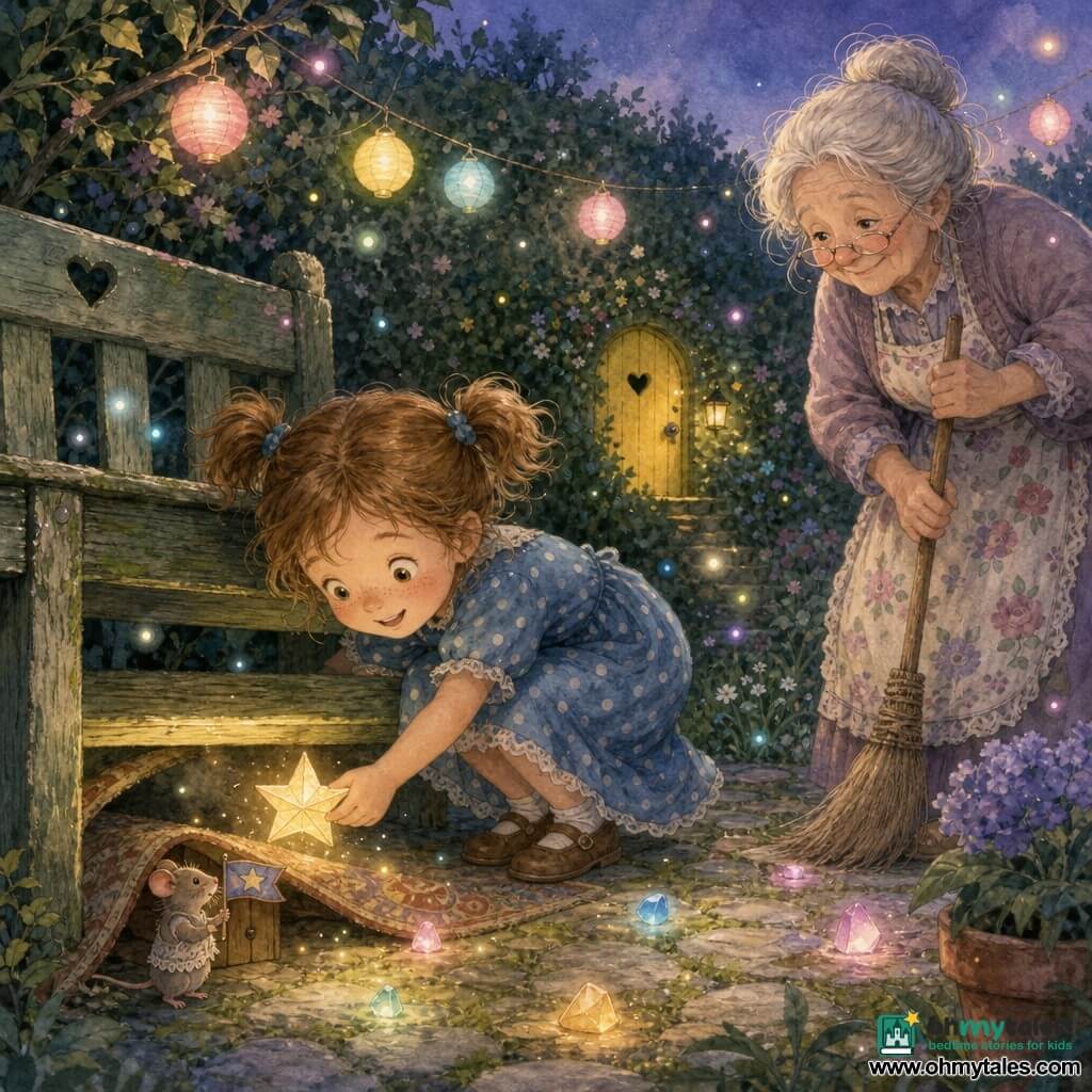 A 6-year-old girl with a round face, freckles, light brown messy pigtails and a delighted smile holds a small shining origami star and leans to pull a vibrating paper star from under an old faded green wooden bench; a kindly grandmother of about 70 with gray hair in a loose bun and a floral apron gently sweeps nearby, watching the girl, while a tiny mouse in a lace vest stands on a miniature door under a folded rug near the girl's feet waving a tiny flag; the scene is a twilight home garden with mossy flagstones, a hidden lemon-yellow door in a dense hedge, pastel string lights and glittering pebbles, and colorful small lights begin to float around them in a whimsical, gentle atmosphere.