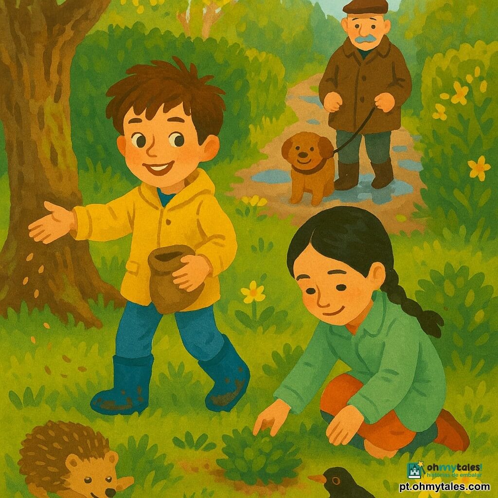 Um rapaz de 8 anos alegre, cabelo castanho desgrenhado, olhos castanhos, jaqueta amarela e galochas azuis enlameadas, estende a mão para semear perto de um tronco velho; uma rapariga de 8 anos, Inês, sorridente e concentrada, trança negra e casaco verde-claro, ajoelha-se para pôr sementes à sombra de um arbusto; um homem idoso, senhor Augusto (~65 anos), gentil, bigode grisalho, gorro e casaco castanhos, segura na trela um cão pequeno e peludo, Bolota, ao fundo sorrindo; animais do jardim: um ouriço adormecido esticando-se junto a um tufinho de relva, um melro saltitando no relvado e algumas formigas a carregar folhas; local: um caminho estreito ladeado de sebes verdes, poças reflectoras, flores amarelas e brancas, troncos musgosos e luz morna da manhã filtrando pelas ramagens; cena principal: as crianças partilham sementes para despertar a natureza, saltam em poças cintilantes e sorriem — cena viva, cores vívidas e texturas de gouache com pinceladas suaves e quentes.