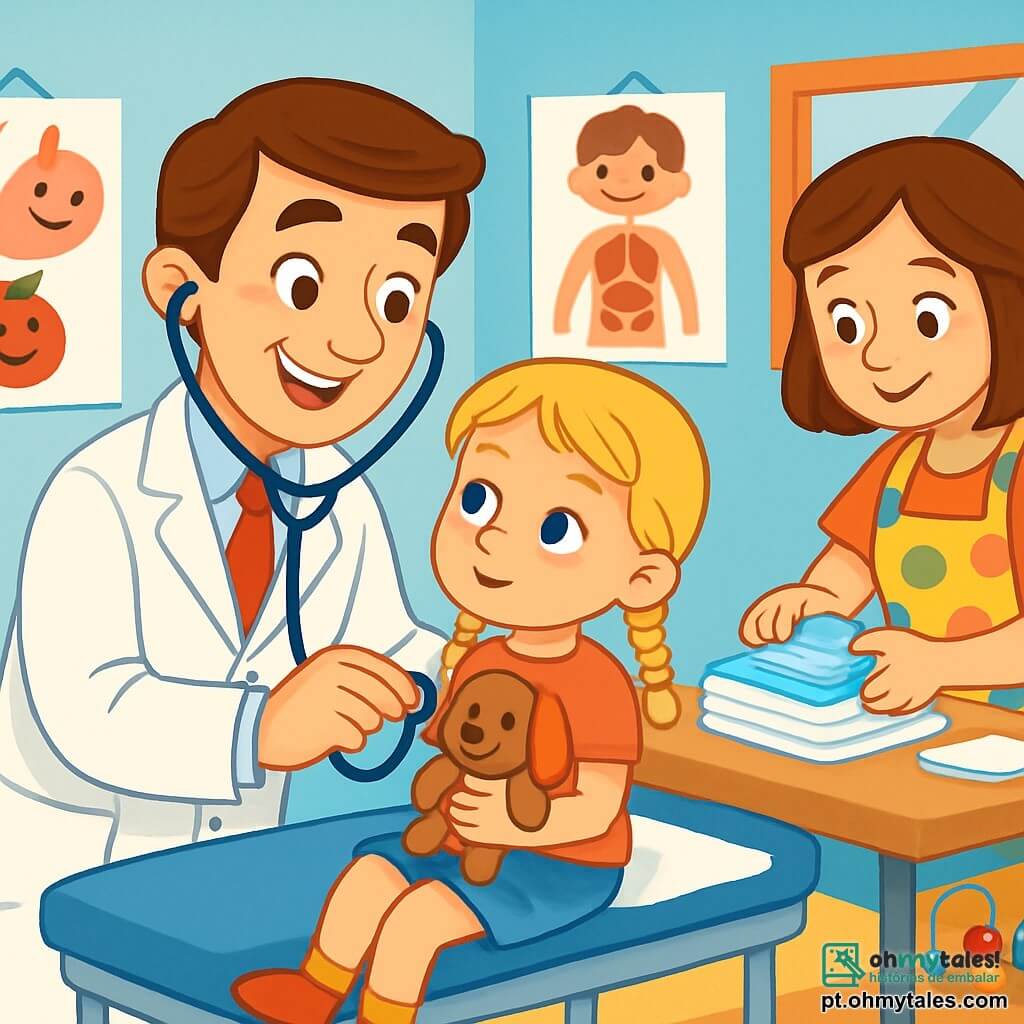 Um médico homem, o doutor Sorriso, sorridente e caloroso, com cabelo castanho e um jaleco branco, examina uma menina. Ele tem olhos brilhantes e uma expressão tranquilizadora. A menina, Sofia, de 6 anos com cabelo loiro e tranças, está sentada em uma mesa de exame, segurando um brinquedo de pelúcia, e olha para o doutor com curiosidade. Ao lado deles, uma assistente, Dona Marta, uma mulher de cerca de 40 anos com cabelo castanho e um avental colorido, prepara compressas frias em uma mesa. O local é um consultório médico iluminado, com paredes pintadas de azul claro, cartazes educativos sobre saúde pendurados e brinquedos coloridos espalhados pelo chão. A situação principal mostra o doutor Sorriso tranquilizando Sofia, que está com febre, contando uma história engraçada enquanto cuida dela com gestos suaves e atenciosos.