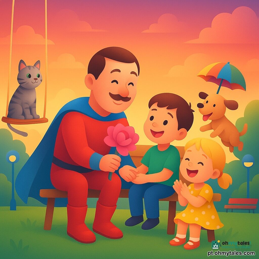 Um herói sorridente de rosto rondo e finos bigodes, com capa azul viva e sapatos vermelhos brilhantes, sentado num banco de madeira oferece uma grande flor de papel rosa; à esquerda no banco um menino de ~6 anos de cabelos curtos castanhos segura a mão do herói e observa maravilhado, à direita uma menina de ~4 anos de rabo-de-cavalo loiro de vestido amarelo com bolinhas ri e aplaude; atrás do banco um cão médio bege flutua segurando no focinho um pequeno guarda-chuva colorido e um gato tigrado cinza de olhos verdes está num balanço de corda luminosa à esquerda, miando suavemente; a cena passa-se num parque urbano ao pôr do sol (relva verde, candeeiros azuis redondos, bancos coloridos, nuvens rosa‑laranja, pequenas casas de vidro) e transmite um momento terno, cômico e iluminado.