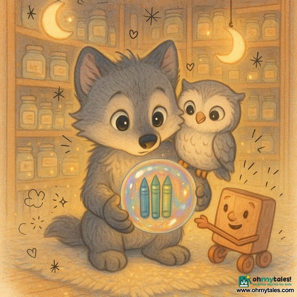 Pip, a small grey wolf with bright eyes and rounded paws, looks cautious and awed as he gently holds an iridescent translucent bubble showing a miniature row of aligned pencils; Tock, a tiny silver-feathered owl with big gentle eyes, perches on his shoulder smiling proudly, and the Shelf-Helper, a small rolling wooden box with a carved face, stands beside them pointing at the bubble; the setting is a "library of moments" with dark wooden shelves, glowing labeled jars, warm moon-shaped lamps, floating gold dust and sparkles, and a glittering wooden floor; main action: Pip captures a bright time-bubble reflecting green-blue comet-like colors and a calm future scene of aligned pencils, mood soft, magical and curious with doodled clocks and time arrows; style: warm pastels, soft rounded lines, paper and watercolor textures, centered composition, child-friendly for age 6.