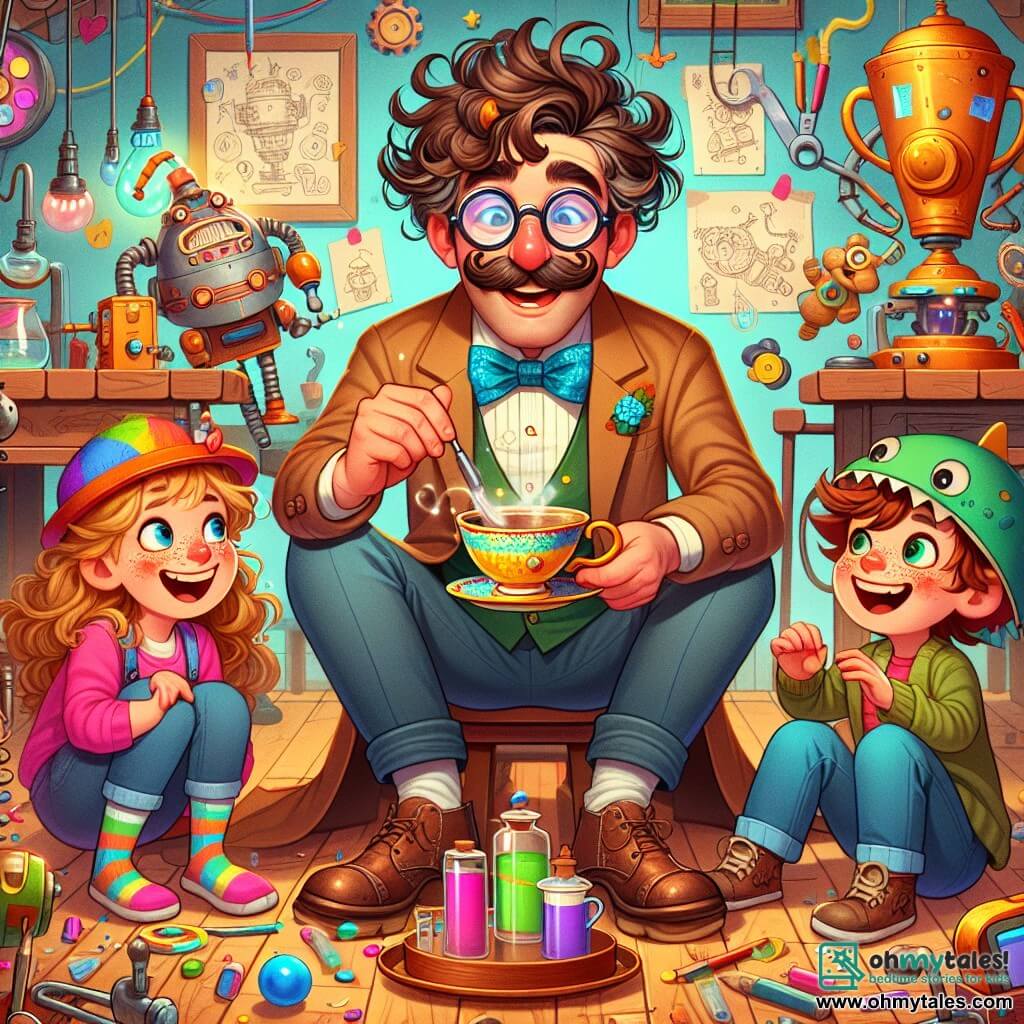 A man, Professor Puddlewick, is at the center of the image, with curly, tousled hair and round glasses slipping down the tip of his nose. He has a joyful smile and sparkling eyes, holding a whistling teacup. Next to him is a girl named Molly, about 8 years old, with colorful striped socks and a funny hat, looking at the cup in wonder. An 8-year-old boy named Benji, wearing a dinosaur cap and glasses, laughs while trying to reach a cookie on a high shelf. The setting is a magical workshop filled with whimsical inventions: buzzing machines, colorful tools scattered on wooden tables, and walls covered with drawings and sketches. Playful robots and strange objects float around, creating an atmosphere of overflowing creativity. The main scene shows the professor and the children testing the whistling cup, surrounded by laughter and surprises, while a joyful melody escapes from the object, filling the workshop with a playful and imaginative vibe.