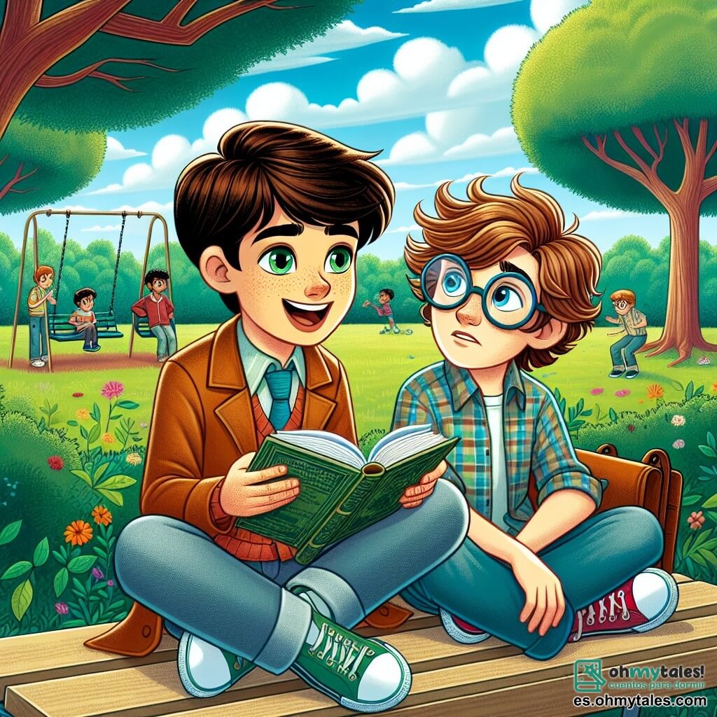 Un niño de 11 años, llamado Javier, está en el centro de la imagen. Tiene cabello castaño, ojos verdes llenos de curiosidad y una sonrisa sincera. Está sentado en un banco en un parque, sosteniendo un libro abierto en sus rodillas y mirando atentamente a su amigo. A su lado está Tomás, también de 11 años, con cabello desordenado y gafas redondas. Se ve un poco inquieto, frunciendo el ceño mientras mira a Javier, como si buscara consuelo. El parque es verde, con árboles majestuosos, flores de colores y niños jugando a lo lejos. El cielo es azul con nubes blancas, creando una atmósfera alegre. La situación principal muestra a Javier animando a Tomás a ser honesto después de que mintió sobre sus deberes. Javier, con una mirada comprensiva, le habla con pasión, mientras Tomás, visiblemente conmovido, reflexiona seriamente sobre la lección de la verdad.
