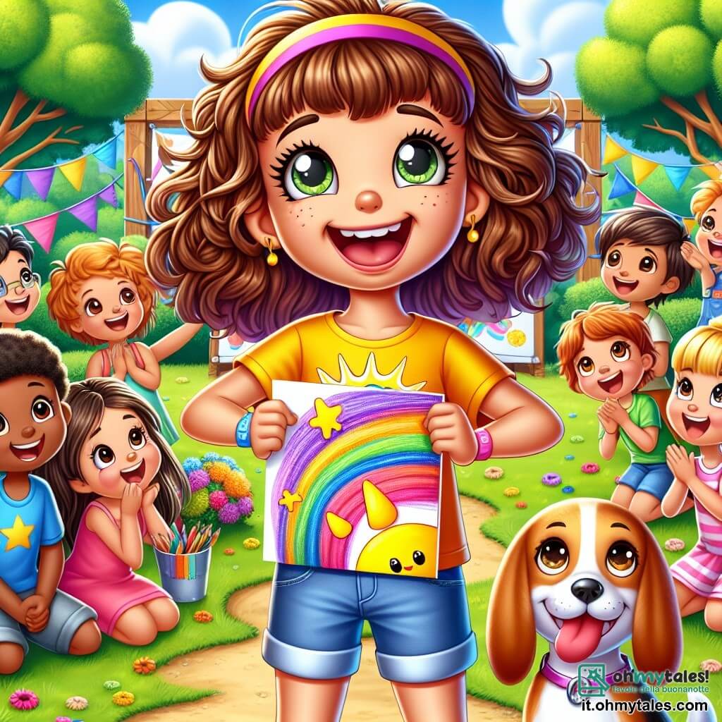 Una ragazza di 10 anni, Sofia, con capelli ricci e castani, un grande sorriso sul viso, si trova al centro del palco, mentre fa una smorfia divertente tenendo un grande disegno colorato. I suoi occhi brillano di gioia ed eccitazione, e indossa una maglietta gialla vivace con un motivo di sole e un pantaloncino di jeans. Accanto a lei, il suo fedele cane Pongo, un piccolo beagle con grandi orecchie, la guarda con aria curiosa, la lingua di fuori, pronto a incoraggiarla. Un gruppo di bambini della sua età, riuniti intorno a lei, ride e applaude, alcuni tengono palloni colorati. Il luogo è un parco soleggiato, pieno di alberi verdi e fiori brillanti, con un grande podio di legno sullo sfondo dove si svolge il concorso di talenti. Bandiere colorate sventolano nel vento, creando un'atmosfera festosa. La situazione principale mostra Sofia mentre realizza le sue "smorfie artistiche" davanti a un pubblico divertito, trasformando un momento di sfida in un'esplosione di risate e creatività.