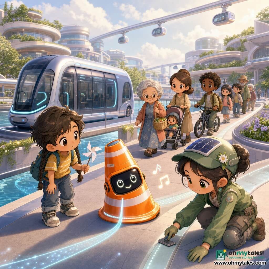 A small robotic traffic cone character named Sunny, bright orange with reflective white bands, an LED face showing a smile, slightly tilted as if listening, projecting a curved light ribbon on the ground and emitting soft chime notes; a curious seven-year-old boy with long twin braids holding a paper pinwheel watches Sunny near the quay railing; a smiling, attentive female technician in a green jacket, solar cap and knee pads crouches nearby, smoothing a pale smart-paving joint with a small tool; a calm, diverse line of passengers (grandmother with basket, mother with stroller, cyclist) follow the light on the sidewalk; setting: modern floating quay with smooth materials and soft pastel colors, pale smart-paving with rubber edging, clear canal with a shimmering blue light under the surface, a silver-blue autonomous shuttle moored, an adjacent pedestrian conveyor, green roof gardens and slender aerial rails with slow-moving pods; scene: peaceful, secure moment centered on Sunny guiding the crossing with a glowing path while the technician adjusts the pavement and passengers proceed single file, soft perspectives and cute details.