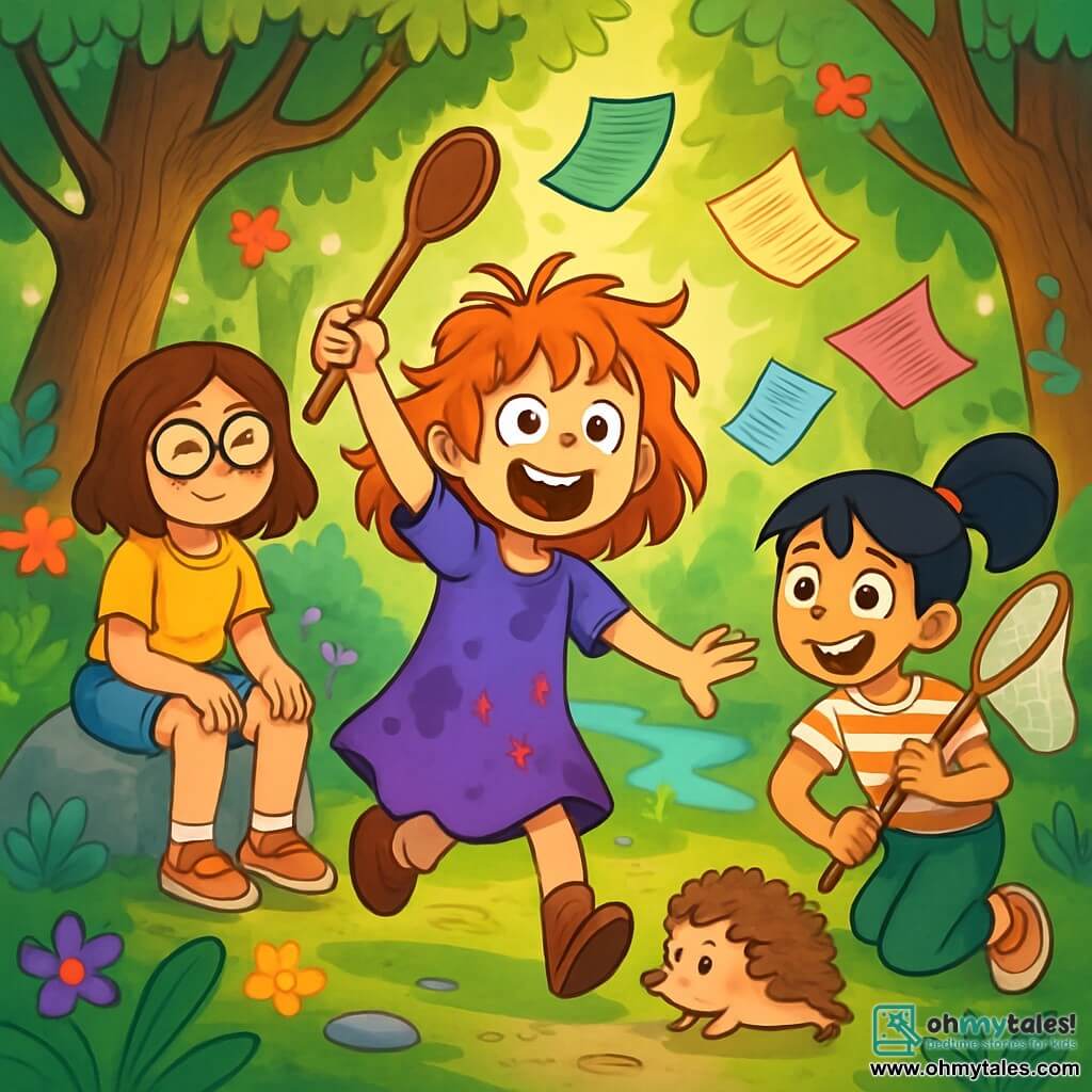 There are three characters: Penny Thistlewhisk, a 10-year-old girl with messy red hair, wearing a purple dress covered in potion stains. She holds a wooden stick resembling a spoon and stands in the center, smiling excitedly. Lori Sparks, a 10-year-old girl with brown hair and round glasses, is dressed in a yellow t-shirt and denim shorts. She sits on a stone, looking a bit tired but smiling as if she just woke up from a nap. Jinx Farrow, a 10-year-old girl with black hair in a ponytail, wears a striped t-shirt and green pants. She crouches next to Penny, holding a butterfly net, ready to catch a flying homework assignment. The setting is the enchanted forest of Snorewood, where tall, twisted trees have shiny leaves and colorful flowers that seem to dance. Sunbeams filter through the foliage, illuminating the mossy ground and sparkling pebbles. In the background, a small stream murmurs softly, adding a magical ambiance to the scene. The main situation shows the three girls chasing flying homework papers with expressions of surprise and joy on their faces, while colorful papers float around them, and an enchanted hedgehog, transformed by a spell, slips away across the ground.
