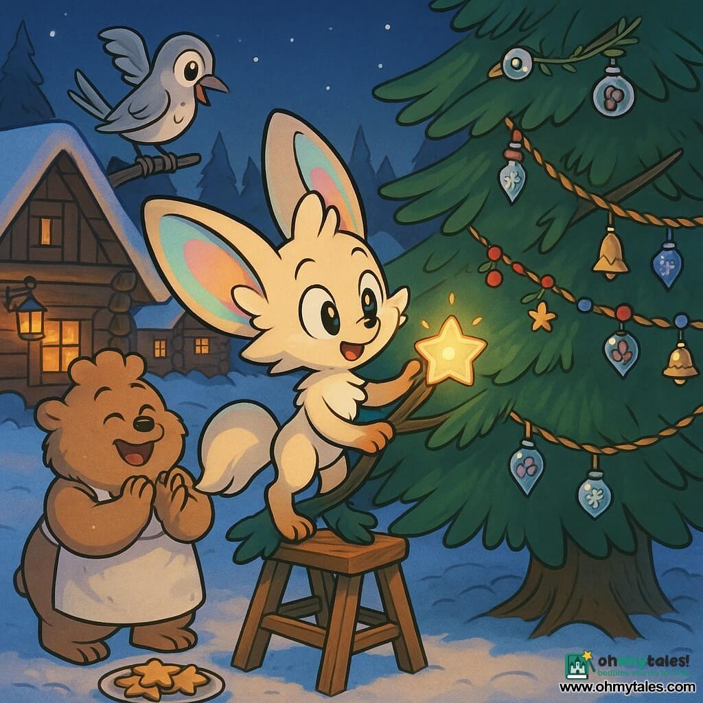 The main character is a small anthropomorphic creature like a magical fox with butterfly-shaped ears, iridescent cream fur, gentle bright eyes and a tender, amazed expression, delicately holding a small star-shaped bulb glowing with warm light. Lumen stands on a light wooden step stool with a paw on a low branch of the large pine, ready to hang the bulb at the visible top of the tree. Secondary characters: Bramble, a plump fluffy little baker with light brown fur and a flour-dusted apron, stands left of the pine applauding softly with a plate of star cookies at his feet; Quill, a sleek silver bird with glossy feathers and a curious joyful look, perches on a branch above the pine, tilting his head while holding a tiny folded notebook. The scene is a snowy twilight clearing with log cottages topped in snow, hanging glass lanterns casting amber light, powdery snow reflecting garlands, and a central Grand Pine decorated with a garland of small glass bulbs shaped like berries, bells and snowflakes. The main action: Lumen hangs the "Heartstar" bulb at the center of the fully unfurled tree, the cleared garland wraps neatly around the branches, the glass bulbs twinkle, and the mood is warm, gentle and quietly magical.