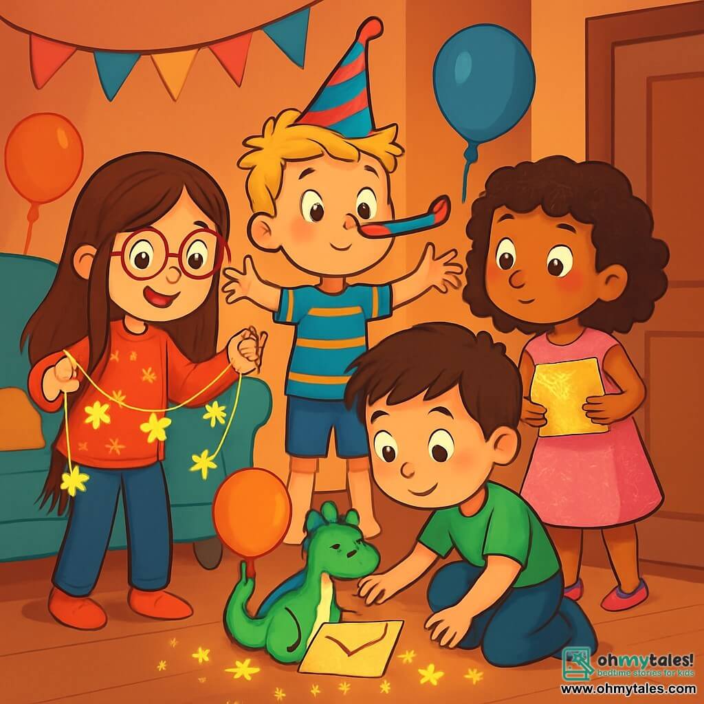 There are 4 children: Mia, a 7-year-old girl with long brown hair and round glasses, wearing a red sweater with stars and holding sparkling garlands; Max, a 7-year-old boy with messy blonde hair, wearing a colorful party hat and balancing a noisemaker on his nose; Lily, a 7-year-old girl with curly hair in a glittery pink dress, holding a shiny envelope and looking curiously; Leo, a 7-year-old boy with brown hair in a green t-shirt, crouched playing with a stuffed dragon with a balloon tied to its tail. The children are gathered in Mia's living room, decorated with colorful garlands and balloons, with twinkling lights creating a festive atmosphere. The main scene shows the children discovering a mysterious letter that slipped under the door, with shining stars on the floor inviting them to a magical adventure before midnight.