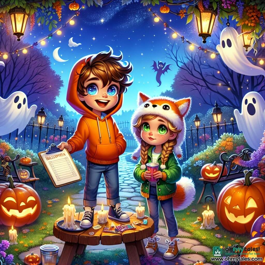 A 12-year-old boy, Max, with tousled brown hair and bright eyes full of excitement, stands on a small picnic table holding a clipboard. He wears an orange hoodie and has a wide smile, showing his enthusiasm for the Halloween party. Next to him, Lila, an 11-year-old girl with braided brown hair and a fox hat, watches with a mix of nerves and curiosity, holding a cup of cider in her hands. The scene takes place in a decorated garden filled with grinning pumpkins, white sheet ghosts floating in the wind, and twinkling lights. The sky is a deep blue, dotted with stars, while a light mist rises from the ground, adding a touch of mystery. Max, determined, announces the start of the Halloween games, ready to gather all the neighborhood children to share stories and laughter under the twinkling lights.