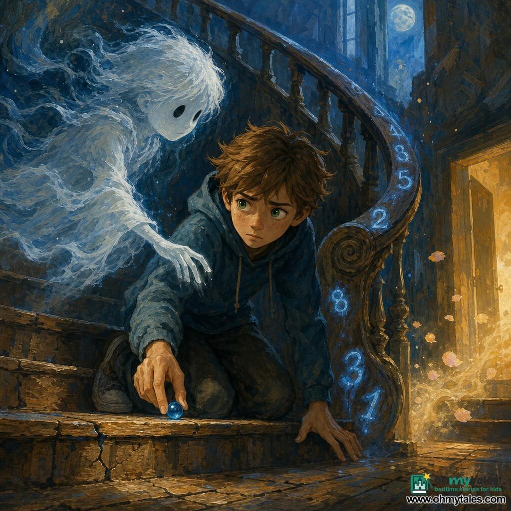 A 10-year-old boy with messy light brown hair, large worried green eyes and freckles kneels on the worn last wooden step, gently placing a small shiny blue marble between his thumb and forefinger; he looks bravely but tremulously determined, brows furrowed and lips pressed. A thin child-sized ghost, translucent like white smoke with ink-drop eyes, floats just behind and to the left, slightly higher, reaching a vaporous hand toward the marble while its tattered mist coat lets blue light through. The scene is the bottom of an old spiral wooden staircase with cracked steps and a carved banister; golden dust hangs in the air and glowing blue numbers run down the rail. Moonlight from a high window and low fog lead toward a half-open door revealing a golden garden as the marble touches the step: the blue numbers fade, the door begins to open, and smoke and glowing petals spill out. Painted in textured acrylic with visible brushstrokes, contrasting icy blues and warm golds, mysterious yet gently comforting.