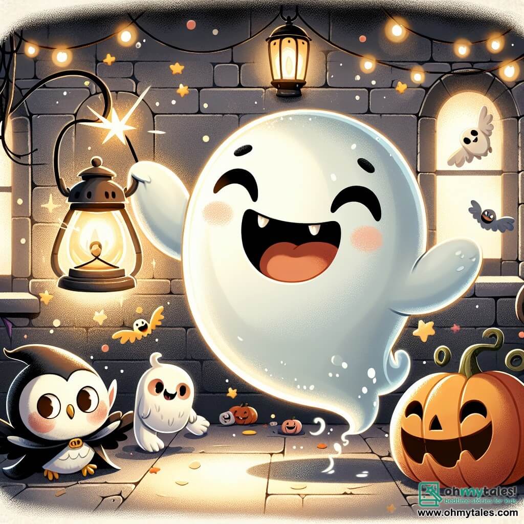 An illustration depicts a cheerful little ghost with a rounded, translucent body floating in the air with a big smile. Its sparkling eyes show happiness as it waves its small hands in celebration. Next to it is a small vampire with pointed teeth and a black cape, laughing heartily with arms raised as if dancing. A small owl with big round eyes and fluffy feathers perches on a branch, watching the scene with curiosity, wings slightly spread, ready to take flight. The setting is inside a haunted house with gray stone walls, cobwebs in the corners, and sparkling lanterns casting a soft golden light. Smiling pumpkins are scattered on the floor, adding a festive touch. The main scene shows the little ghost and its friends joyfully dancing around a glowing magic lantern, casting light sparks throughout the room. Twinkling stars float in the air, and colorful confetti gently falls, creating a festive and magical atmosphere. Friendly shadows dance on the walls, enhancing the joy of this Halloween celebration.