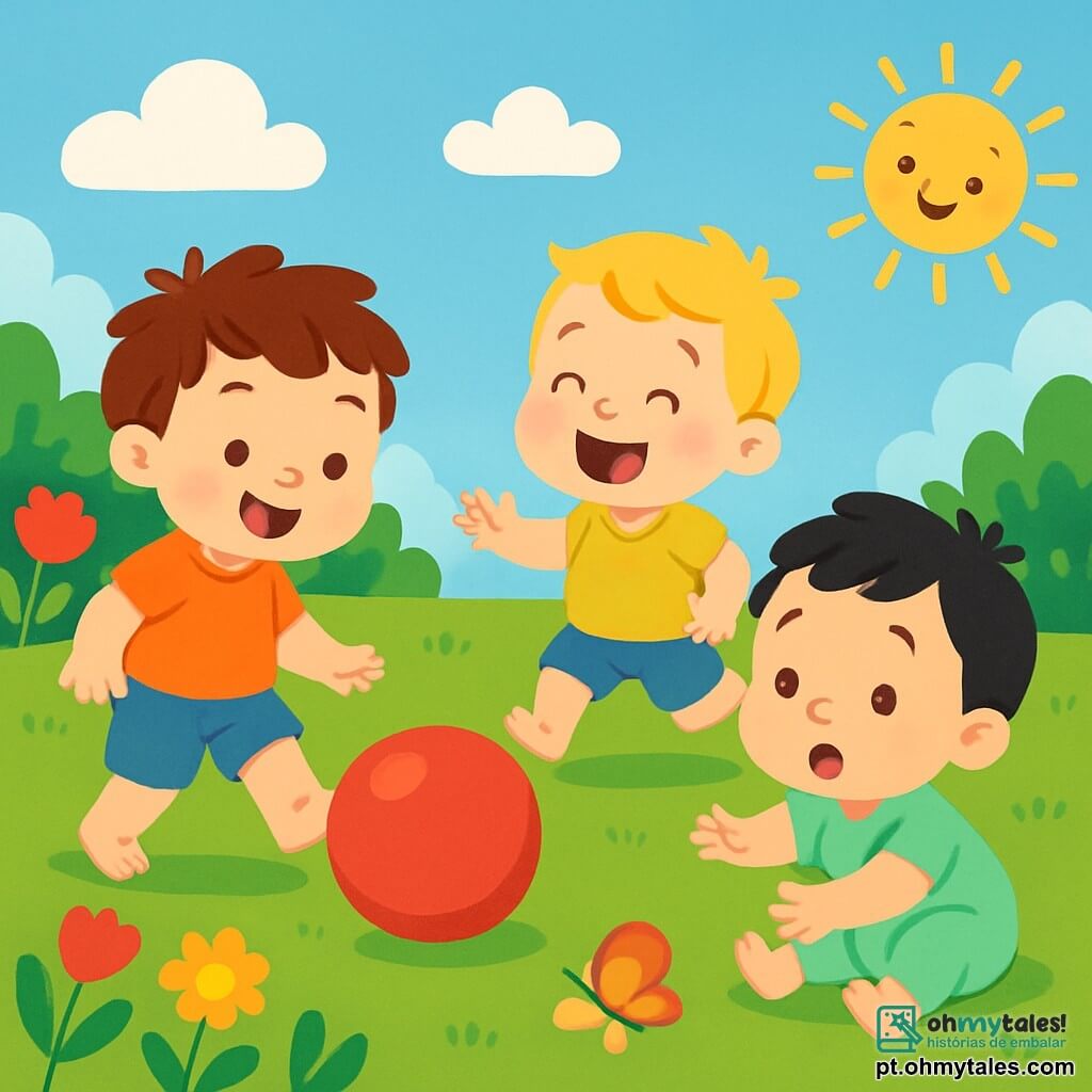 Há 3 personagens: Tom, um menino de 1 ano com cabelo castanho bagunçado e um sorriso radiante, está empurrando uma bola vermelha com seu pé; Rui, um menino de 1 ano com cabelo loiro e olhos brilhantes, corre suavemente em direção à bola, rindo; Léo, um menino de 1 ano com cabelo negro e uma pequena sardinha no nariz, está sentado no chão tentando pegar a bola que lhe escapou. O local é um jardim ensolarado, cheio de flores coloridas e vegetação, com um grande gramado verde onde as crianças brincam, sob um céu azul claro com algumas nuvens brancas. A cena principal mostra os três meninos brincando juntos com a bola, todos felizes, cercados de risos e alegria, sob o suave sol do jardim.