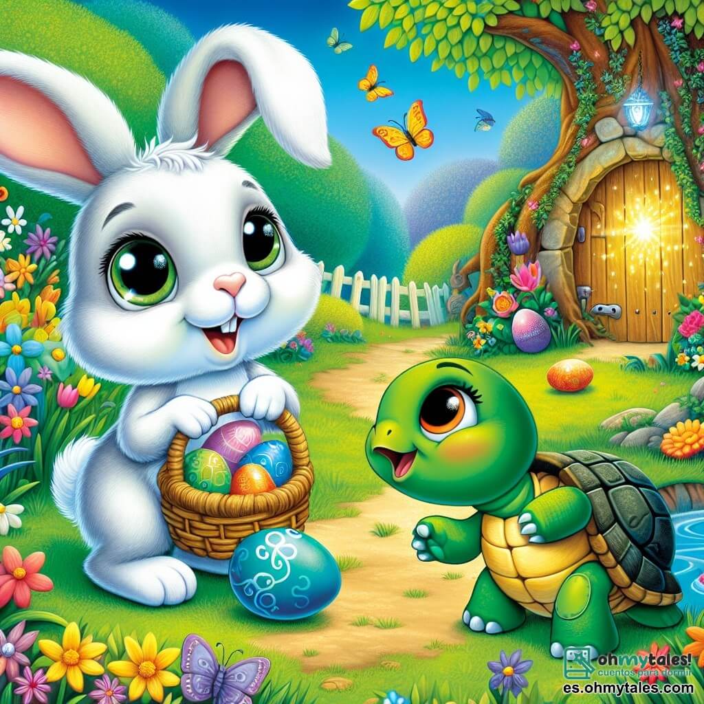 Un pequeño conejo llamado Binky, con pelaje blanco y grandes orejas, salta alegremente en un jardín colorido, con ojos brillantes de curiosidad y emoción. Lleva un pequeño sombrero de paja y sostiene una cesta llena de huevos de Pascua multicolores. A su lado, una tortuga llamada Tilly, con un caparazón verde y ojos tiernos, sonríe al mirar un huevo azul que acaba de encontrar, sentada en la hierba. Un pato llamado Pipo, con plumaje amarillo brillante y un aire juguetón, nada en un pequeño estanque cercano, agitando sus alas con entusiasmo. El jardín está lleno de flores brillantes, mariposas revoloteando y un gran árbol misterioso al fondo, donde una puerta mágica brilla levemente. La escena representa el momento en que Binky y sus amigos descubren la magia de la Pascua buscando huevos en este lugar encantador.