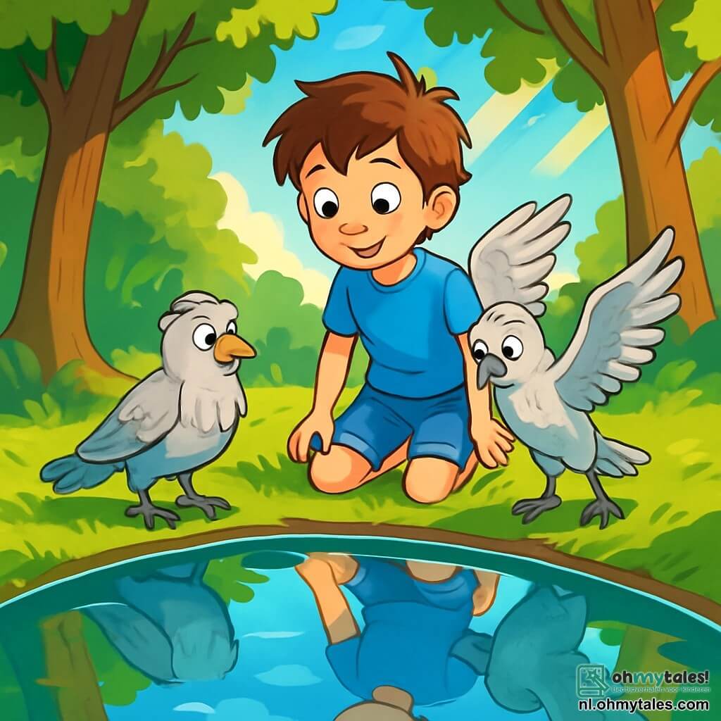 Een 12-jarig jongetje, Elias, met rommelig kastanjebruin haar en nieuwsgierige ogen, staat aan de rand van een prachtige water spiegel, zijn gezicht verlicht door een mix van verwondering en opwinding. Hij draagt een felblauw T-shirt en een spijkerbroek, zijn blote voeten raken het zachte gras. Naast hem staat een vogel met zilveren veren, met uitgespreide vleugels, klaar om op te stijgen. Zijn sprankelende en wijze ogen weerspiegelen oude kennis, en hij staat iets naar voren, alsof hij Elias naar het onbekende leidt. De plek is een betoverende open plek, omringd door majestueuze bomen met stralend groene bladeren, met zonnestralen die door de takken filteren en gouden patronen op de grond creëren. Het wateroppervlak is zo kalm dat het lijkt op gepolijst glas, dat de blauwe lucht en de donzige wolken weerspiegelt. De belangrijkste situatie toont Elias, verwonderd, die naar zijn reflectie in het water kijkt, terwijl de vogel hem uitnodigt om de wereld buiten de open plek te verkennen. De sfeer is gevuld met magie en belofte, alsof elke druppel licht een avontuur bevat om te ontdekken.