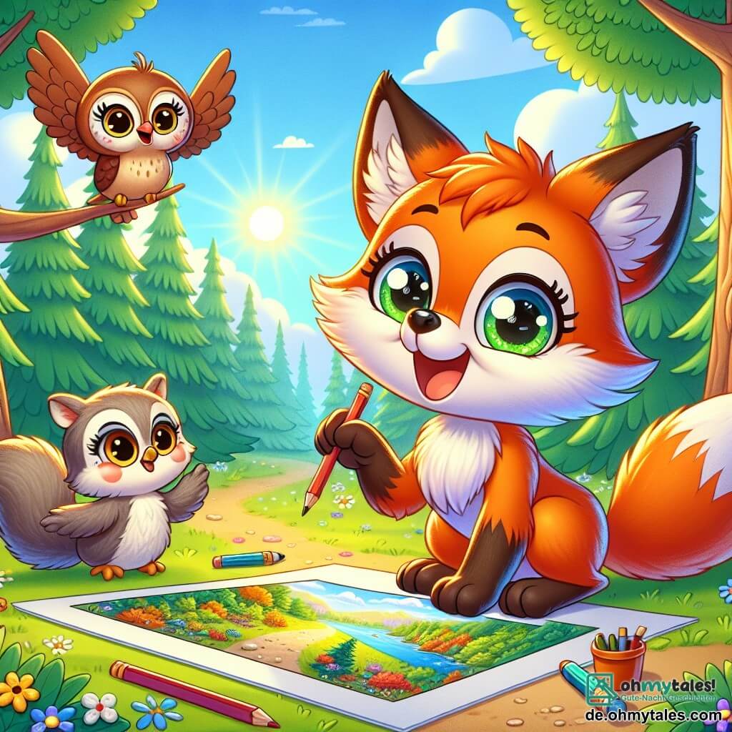 Ein kleiner Fuchs mit leuchtend orangefarbenem Fell und neugierigen, funkelnden Augen steht im Mittelpunkt der Szene und lächelt begeistert, während er stolz eine wunderschöne Zeichnung einer Waldlandschaft präsentiert, die er gerade angefertigt hat. Neben ihm beobachtet eine kleine Eule mit braunen Federn und großen runden Augen bewundernd, ihre Flügel leicht ausgebreitet, bereit, das Werk ihres Freundes zu applaudieren. Ein frecher Eichhörnchen mit grauem Fell und buschigem Schwanz steht etwas im Hintergrund, hüpft vor Aufregung und hebt die Pfoten zur Ermutigung. Die Szene spielt sich auf einer sonnigen Lichtung ab, umgeben von großen Bäumen mit glänzend grünen Blättern, unter einem hellblauen Himmel mit ein paar fluffigen weißen Wolken. Bunte Blumen bedecken den Boden und verleihen der Umgebung einen Hauch von Magie. Der kleine Fuchs präsentiert sein Bild bei einer künstlerischen Aktivität im Sommercamp, strahlend vor Stolz und Glück, während seine Freunde ihn mit Lächeln und begeisterten Rufen anfeuern.