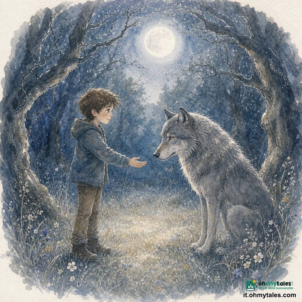Un ragazzo di 10 anni, Filippo, con viso rotondo, lentiggini e capelli castani scompigliati sorride timidamente e tende la mano verso un grande lupo grigio dal manto folto e lucente, occhi ambra dall'espressione triste ma dolce, seduto a pochi passi col muso leggermente abbassato; la scena in una radura circolare illuminata dalla fredda luce lunare, erba argentata, fiori selvatici e alberi contorti che disegnano un cerchio d'ombre, atmosfera calma e magica di incontro pacifico e fiducia nascente.