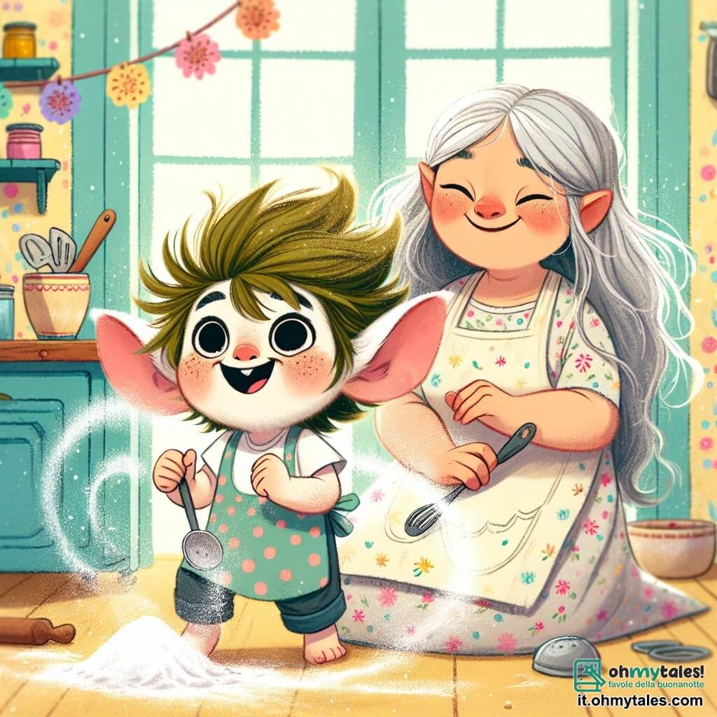 Un piccolo folletto di nome Lino, con grandi orecchie a punta e capelli verdi arruffati, danza gioiosamente in una cucina colorata, il suo viso splendente di felicità. Indossa un piccolo grembiule a pois e tiene una spatola in una mano, mentre schegge di farina volano intorno a lui, creando un'atmosfera giocosa. Accanto a lui, Mamma Luna, una dolce mamma con lunghi capelli argentati e un abito stellato, sorride teneramente, gli occhi brillanti di orgoglio e amore. È leggermente inclinata in avanti, osservando suo figlio con un'espressione divertita, le braccia incrociate sul petto. La cucina è calda e accogliente, con pareti dipinte di giallo pastello, scaffali pieni di barattoli colorati e fiori di carta appesi alle finestre, che lasciano entrare la luce del sole. In questa scena gioiosa, Lino prepara una bella torta per la festa della mamma, circondato da risate e momenti di complicità, illustrando l'amore e la creatività di un bambino per la sua mamma.