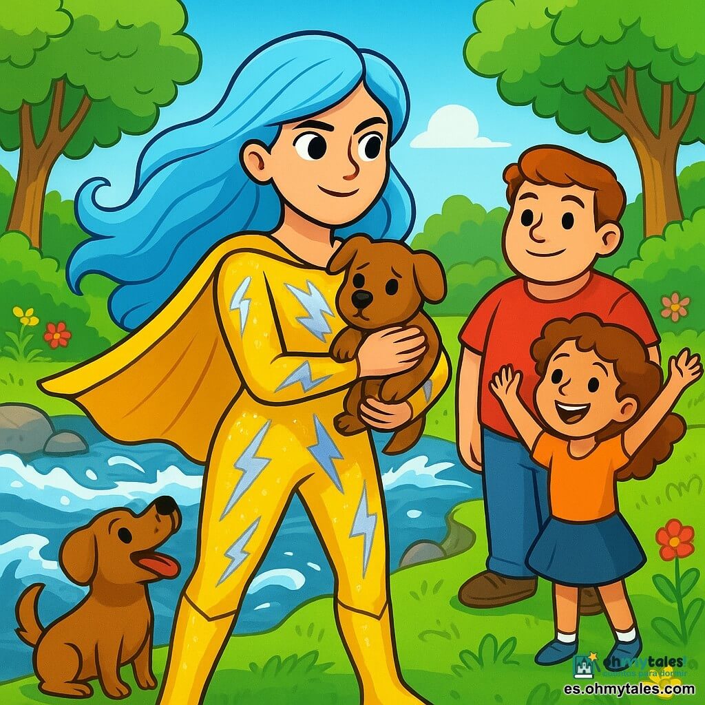 Relámpaga Azul, una mujer heroica con una larga cabellera azul cielo y un traje brillante adornado con motivos de relámpago plateados, se encuentra orgullosamente en la orilla de un río tumultuoso. Su rostro irradia determinación y coraje, sus ojos brillan con una luz intensa mientras sostiene un pequeño perro tembloroso en sus brazos. A su lado, Tico, un pequeño perro de pelaje marrón y ojos chispeantes, mira a Relámpaga Azul con gratitud, su cola moviéndose alegremente. Más lejos, Tronco Fuerte, un niño robusto de unos 10 años con gran estatura y una sonrisa dulce, observa la escena, listo para ayudar. Chispa Saltarina, una niña vivaz y rápida de unos 8 años, se encuentra a su lado, con los brazos levantados en señal de aliento, su cabello rizado ondeando al viento. El lugar es un parque verde, con majestuosos árboles y flores coloridas, pero el río cercano está agitado, con olas blancas rompiendo contra las rocas. La escena está llena de una atmósfera de tensión y esperanza, mientras Relámpaga Azul se prepara para salvar a Tico de las aguas tumultuosas.