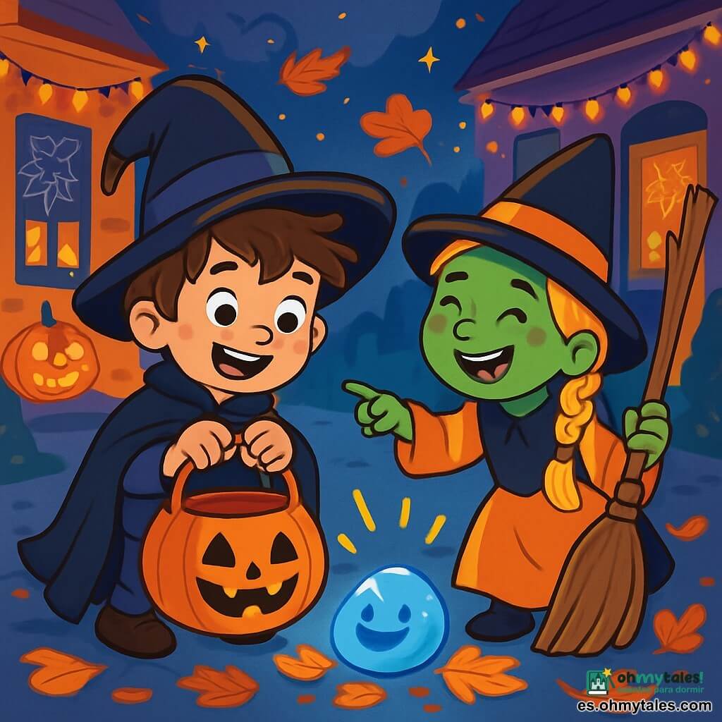 Hay 2 personajes principales: - Lucas: un niño de 8 años, con el cabello castaño desordenado y ojos brillantes. Lleva una gran capa negra y un sombrero de mago demasiado grande para él. Está a la izquierda, sosteniendo un gran bolso naranja en forma de calabaza. - Martina: una niña de 7 años, con el cabello rubio trenzado y una sonrisa en el rostro. Está disfrazada de brujita con la cara pintada de verde y una escoba vieja. Se encuentra a la derecha, riendo y señalando una piedra brillante en el suelo. La escena transcurre en una calle de Halloween, con casas decoradas con telarañas, calabazas iluminadas y luces parpadeantes en naranja y violeta. Las hojas muertas giran en el aire fresco de la noche, creando una atmósfera mágica y misteriosa. La situación principal muestra a Lucas y Martina descubriendo una piedra brillante en forma de sonrisa, entre las hojas de colores, mientras ríen juntos, rodeados de decoraciones de Halloween.