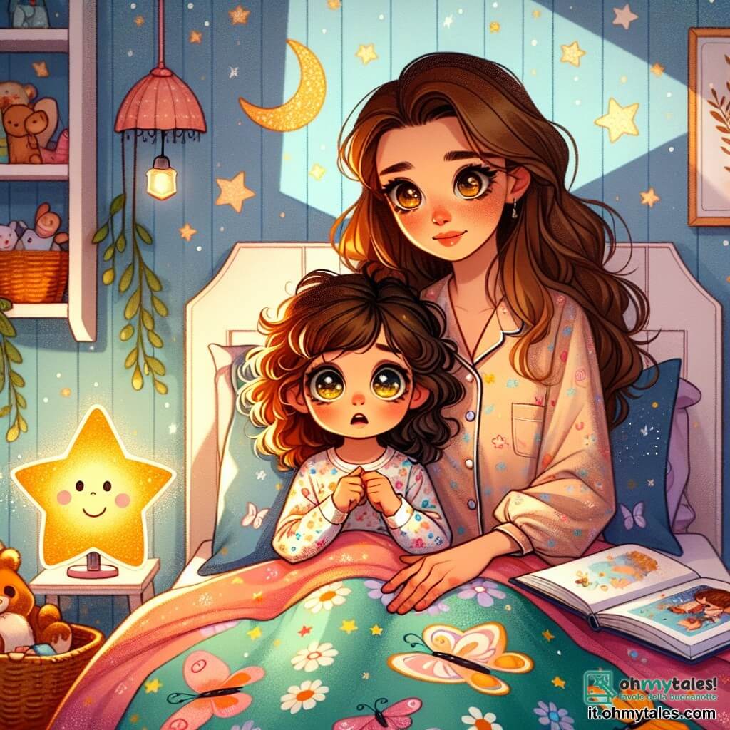 Una bambina di 2 anni, con grandi occhi brillanti e capelli ricci, è sdraiata nel suo letto. Ha un'espressione preoccupata sul viso, con le manine strette sulle lenzuola colorate. Accanto a lei, una dolce luce notturna a forma di stella illumina la stanza con un calore avvolgente. Sua madre, una donna di una trentina d'anni con lunghi capelli castani, si trova accanto al letto, offrendole un sorriso rassicurante. Indossa un pigiama morbido e tiene un libro di fiabe in mano, pronta a leggere alla figlia. La camera è decorata con pareti pastello, adornate da adesivi di farfalle e lune scintillanti. Un tappeto morbido è steso sul pavimento e giocattoli sono sparsi intorno, creando un'atmosfera accogliente e magica. La scena principale mostra la bambina che, sebbene leggermente spaventata dall'oscurità, si sente confortata dalla presenza della mamma e dalla luce stellata. Insieme condividono un momento tenero, in cui la mamma aiuta la figlia a superare la paura del buio raccontandole una storia.