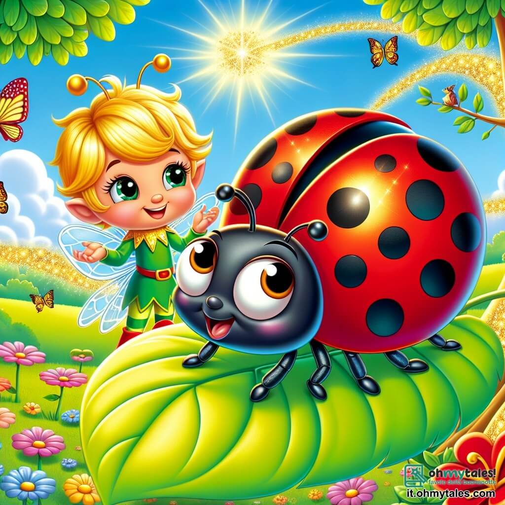 Una piccola coccinella dalle ali rosse brillanti, ornata di punti neri lucenti, si trova su una foglia verde brillante, con gli occhi spalancati dalla curiosità e dalla gioia. Sorride con entusiasmo, pronta a volare verso nuove avventure. Accanto a lei, un piccolo elfo dai capelli dorati e vestiti scintillanti, con un sorriso caloroso, la osserva con benevolenza, tenendo una bacchetta magica scintillante. Lo sfondo è un magnifico prato soleggiato, pieno di fiori colorati, farfalle svolazzanti e un grande albero di quercia maestoso, le cui rami si estendono verso il cielo blu. La scena trasmette un'atmosfera di magia e scoperta, mentre la coccinella si prepara a seguire la luce scintillante che attraversa il cielo.