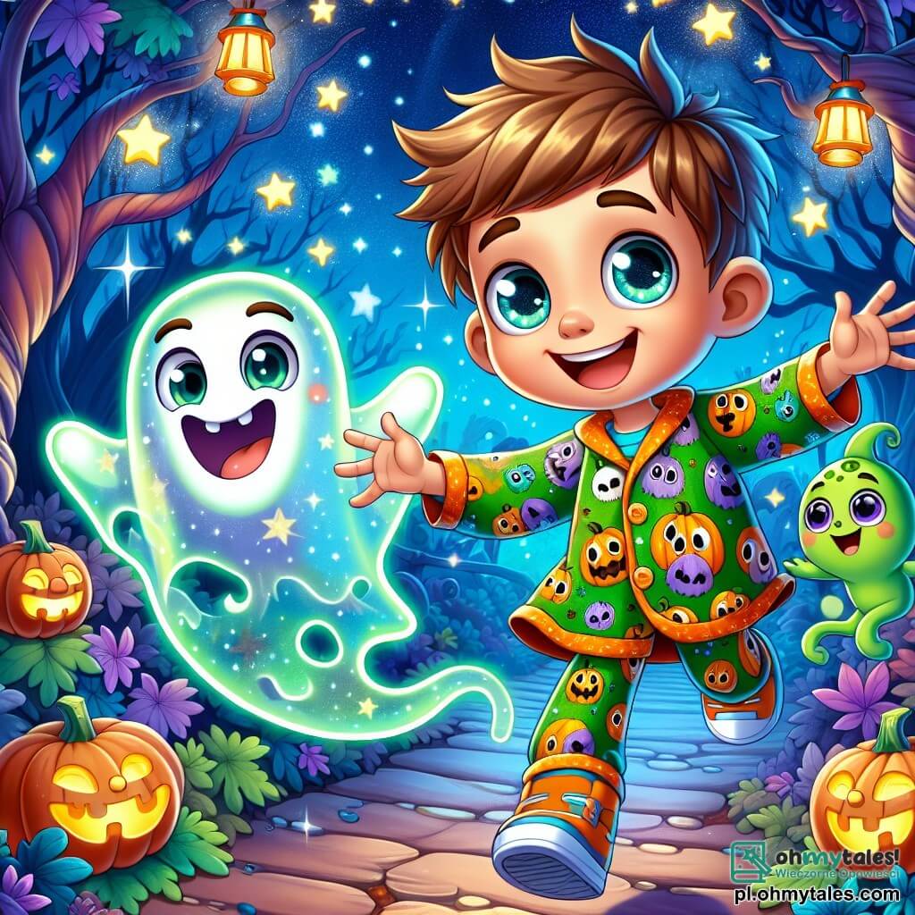 Sześcioletni chłopiec z rozczochranymi brązowymi włosami i błyszczącymi od ciekawości oczami ma na sobie kolorowy kostium Halloween z zielonymi i pomarańczowymi wzorami. Radośnie unosi się w powietrzu z szerokim uśmiechem, otoczony małymi, świecącymi gwiazdkami. Obok niego stoi przyjazny, przezroczysty duch z uśmiechniętą twarzą i otwartymi ramionami, który zdaje się zapraszać do zabawy. Na ziemi tańczy mały zielony stworek o imieniu Zuzia, z dużymi, okrągłymi oczami i promiennym uśmiechem, unosząc ramiona w górę. Scena rozgrywa się w tajemniczym, magicznym ogrodzie, gdzie drzewa z jasnymi, kolorowymi liśćmi, takimi jak niebieski i fioletowy, otaczają ich. Latarnie w kształcie dyni oświetlają ścieżkę, tworząc radosną i ciepłą atmosferę. Chłopiec, unosząc się z nowymi przyjaciółmi, śmieje się i bawi, odkrywając magię Halloween w radosnej i przyjaznej atmosferze, gdzie przygoda i przyjaźń spotykają się pod gwiaździstym niebem.