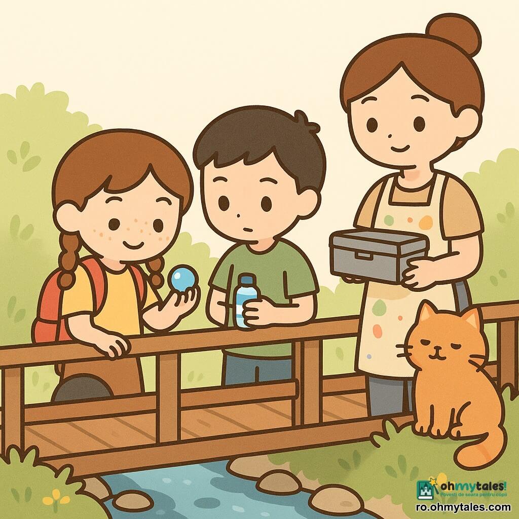 Imagine pentru ilustrarea unei povești pentru copii (stil kawaii minimal) potrivită pentru vârsta de 8 ani. O fetiță de 8 ani, cu față rotundă și pistrui, părul brun în două cozi împletite, rucsac roșu, ține o bilă albastră strălucitoare și o privește zâmbind cu curiozitate. Un băiat de circa 8 ani, păr scurt negru, tricou verde, stă lângă ea, ușor în spate la dreapta, ținând o sticlă mică de apă și privind bila. O femeie adultă de circa 30 de ani, păr șaten prins la spate, șorț cu pete de vopsea, zâmbește blând ținând o cutie metalică închisă, stând pe pod puțin mai departe ca o ghidă. Un pisoi portocaliu și pufoșel, cu coada încolăcită, stă pe balustrada podului și privește scena. Locul: un pod mic de lemn peste un pârâu îngust, pietre umezite dedesubt, iarbă și tufe cu flori galbene, lumină blândă de după-amiază, tonuri pastel, linii simple și forme rotunjite. Copiii fac o pauză liniștită să asculte pârâul și vântul: fetița ține bila care reflectă cerul, băiatul o ajută să observe, femeia ține cutia cu indicii, pisoiul veghează; atmosferă pașnică și atentă.