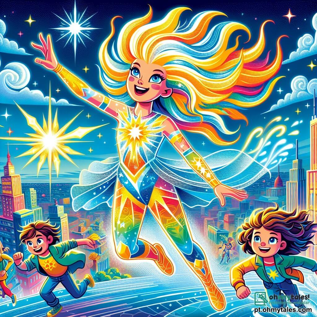 No centro da imagem, Estrela Radiante, uma super-heroína com cabelos dourados brilhantes como o sol, voa no ar com um grande sorriso no rosto, seus olhos azuis cintilando de excitação. Ela veste um traje colorido que reflete as cores vibrantes da cidade abaixo. Ao seu lado, Vento Veloz, um garoto de cerca de 10 anos com cabelos bagunçados e roupas com padrões de nuvens, corre a toda velocidade no chão, criando uma leve brisa que faz as folhas das árvores dançarem. Um pouco mais adiante, Água Cristalina, uma menina de 9 anos com cabelos longos e ondulados de cor azul, levanta os braços para fazer cair gotas d'água cintilantes que flutuam ao seu redor, iluminando a cena. O cenário é Luminópolis, uma cidade vibrante com prédios coloridos, ruas movimentadas e crianças que observam com admiração. O céu é de um azul brilhante, salpicado de nuvens brancas fofas, e a luz do sol brilha intensamente. A situação principal mostra Estrela Radiante e seus amigos em ação, unidos para salvar a cidade de um grande balão maligno que projeta sombras. Juntos, eles usam seus poderes para restaurar a luz e a alegria em Luminópolis, criando uma atmosfera de camaradagem e aventura.
