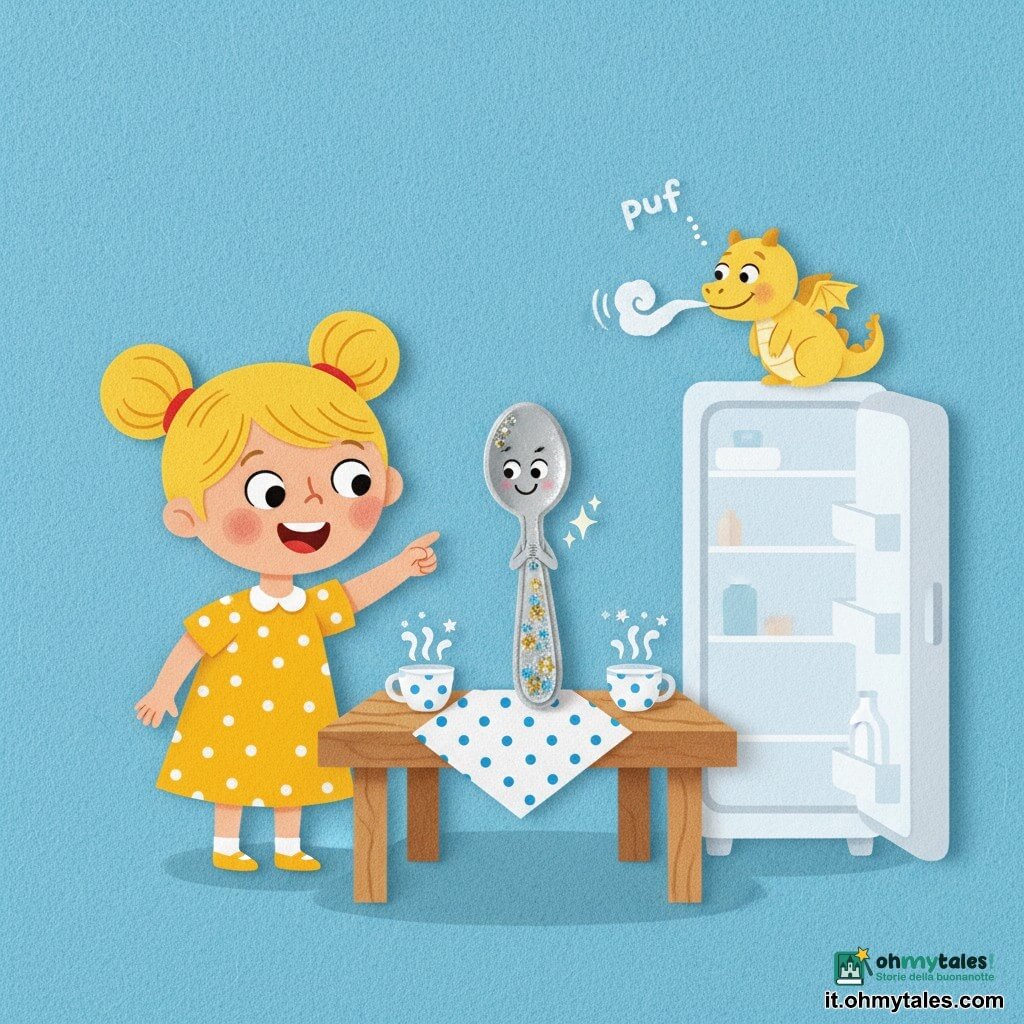 Bambina di 2 anni, gioiosa e stupita, capelli biondi in due codine, indica ridendo verso il centro del tavolo; un cucchiaino antropomorfo argentato, piccolo e lucente con manico decorato di glitter, fa un inchino sulla tovaglia vicino a una tazza; un mini drago di burro color giallo pallido, tondo e piccino, emette un lieve puf di fumo dal bordo del frigorifero aperto con sguardo malizioso; tavolo di legno chiaro coperto da una tovaglia a pois blu, tazze di latte punteggiate da stelline bianche; atmosfera fantasy umoristica, colori vivaci, texture effetto feltro, forme semplici e contorni morbidi, composizione centrata su bambina, cucchiaino e drago, espressione calda e scena giocosa.