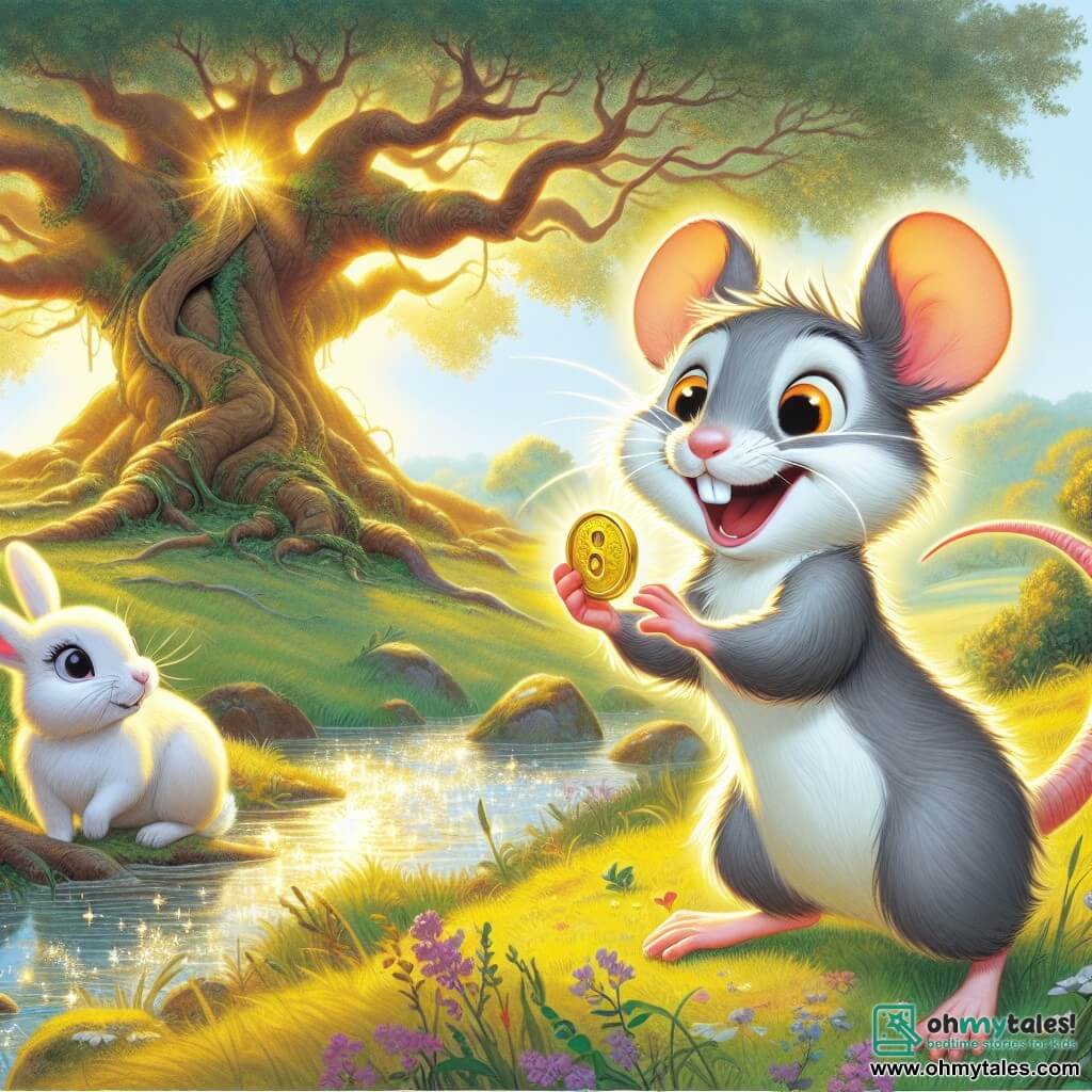 A little rat named Remy, with bright eyes and a fluffy tail, jumps for joy in a sunny field, holding a sparkling golden button in his tiny paws, wearing a big excited smile. Next to him, Bella, an adorable bunny with big ears and soft fur, looks at Remy with a joyful smile, her hind legs slightly raised, ready to leap. In the background, a majestic old oak stands, its wide branches providing shade, while a sparkling stream winds through the landscape, reflecting the sunlight. The scene radiates happiness and friendship, capturing the moment when Remy discovers his long-sought treasure in nature.