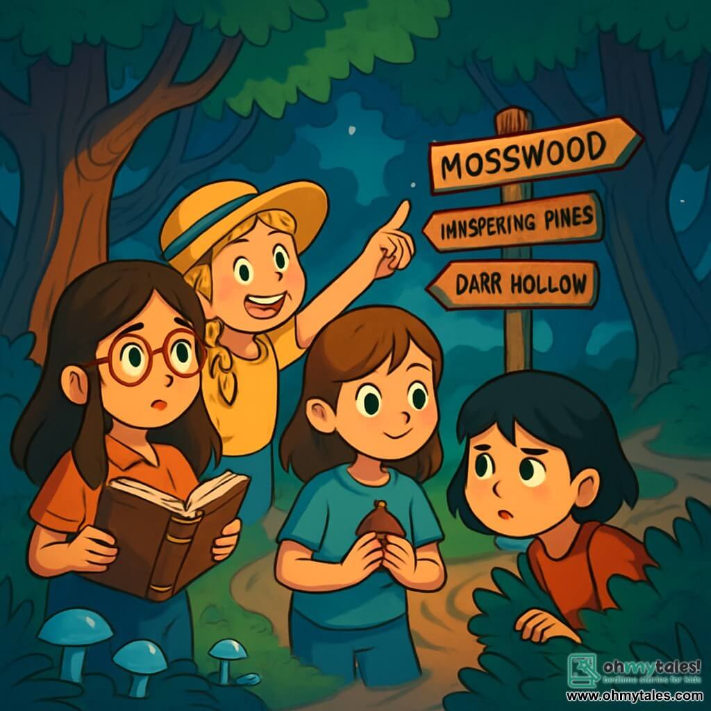 There are four children: - Isabelle: girl, 10 years old, with long brown hair and round glasses, holding an old book and looking around attentively. - Mia: girl, 11 years old, with braided blonde hair, wearing a straw hat and pointing to the path with a big smile, full of enthusiasm. - Sofia: girl, 10 years old, with chestnut hair and gentle eyes, holding a small acorn and displaying a reassuring expression, standing near Isabelle. - Tara: girl, 11 years old, with short black hair, on the lookout, eyes fixed on the bushes, ready to alert her friends. The setting is Mosswood Forest, where tall trees with gnarled trunks rise towards the sky, their green leaves forming a natural canopy. Moonlight filters through the branches, illuminating the ground scattered with silver mushrooms. A light mist floats, adding a touch of mystery to the atmosphere. The main scene shows the four friends gathered at the edge of a winding path, hesitating between three trails. One leads to whispering pines, another to a dark valley, and the last to a sparkling stream. The children's eyes shine with excitement and apprehension as they prepare to face the unknown, seeking to uncover the truth about the Big Bad Wolf.