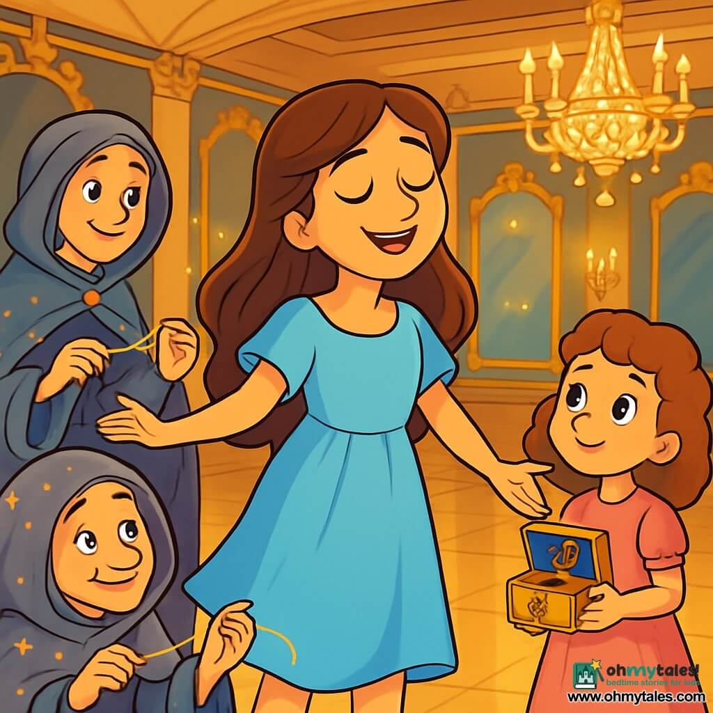 A young woman named Maris, with long wavy chestnut hair, wears a light blue dress that gently floats around her. Her face is lit by a soft, dreamy smile, and her eyes shine with determination. She stands in the center of a grand ballroom, surrounded by sparkling mirrors and crystal chandeliers that cast a golden light. To her right, an 8-year-old girl with curly hair and a pink dress looks at Maris with admiration, holding a small music box in her hands, her eyes sparkling with hope. On the left, an elderly woman, the weaver of fate, dressed in a gray cloak sprinkled with stars, observes the scene with a kind smile, her nimble fingers weaving threads of light. The venue is a majestic ballroom, with gilded walls and delicate frescoes, and a polished marble floor that reflects the light from the chandeliers. Shadows dance in the corners, creating a magical atmosphere. The main scene shows Maris softly singing a soothing melody to awaken a forgotten voice, while the little girl listens attentively, ready to remember the lost words. The scene is filled with sweetness and magic, capturing the essence of a fairy tale.