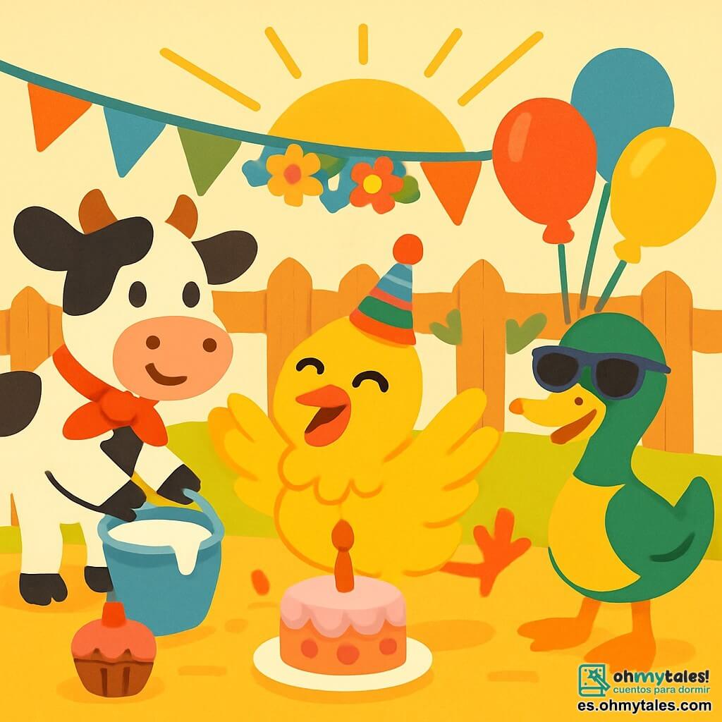 Una gallina alegre, con plumas amarillas brillantes y un pequeño sombrero colorido, baila con entusiasmo en el centro de un gran puesto de fiesta. Sus ojos brillan de felicidad y su pico está abierto en una gran sonrisa. A su derecha, un pato con plumas verdes y amarillas, que lleva gafas de sol, sostiene globos coloridos que flotan en el aire. A su izquierda, una vaca blanca y negra, con un lazo rojo alrededor del cuello, vierte leche en un gran cubo sonriendo. Al fondo, un bonito corral de madera está decorado con guirnaldas de flores y globos coloridos, mientras que los rayos del sol iluminan la escena. La gallina y sus amigos celebran una fiesta alegre, rodeados de pasteles y risas, en un ambiente festivo y colorido.