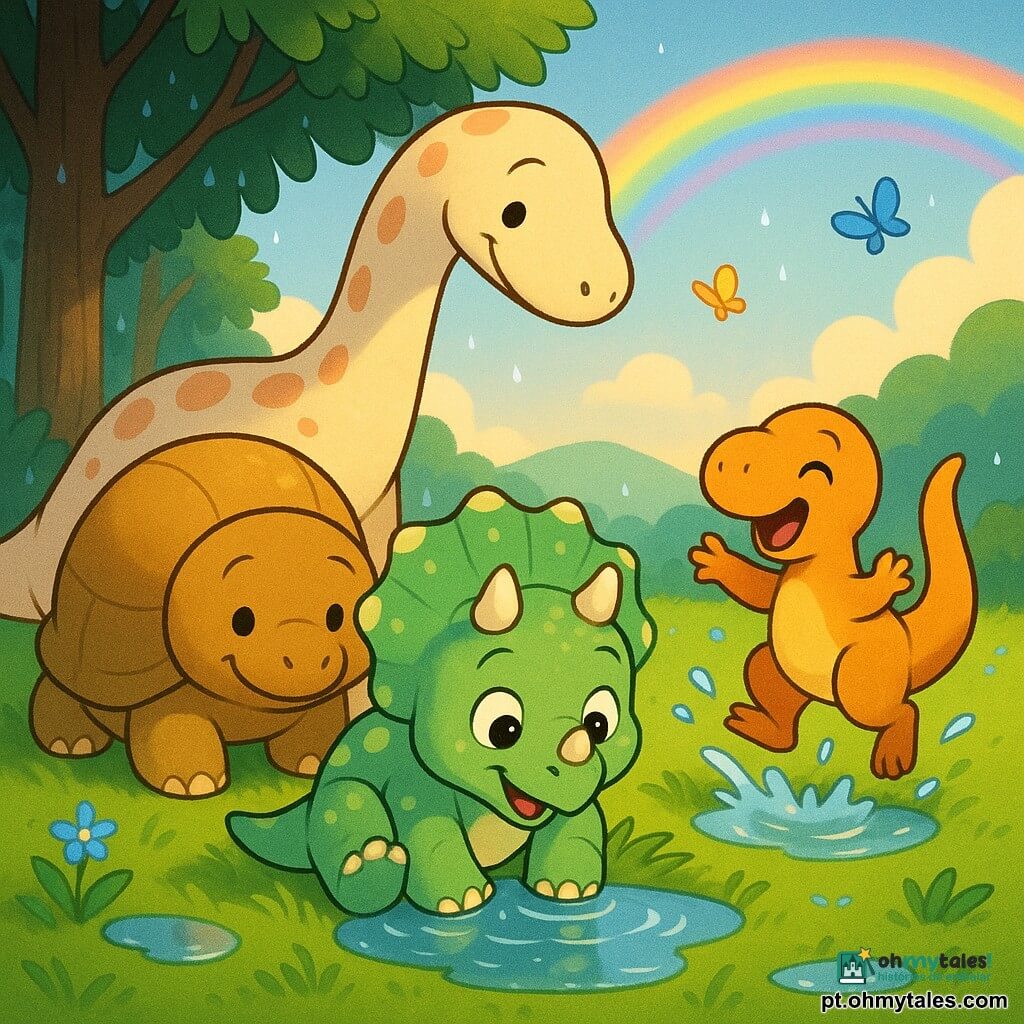 Um pequeno tricératops alegre e maravilhado, pele verde-tenra com manchas amarelo-pálido e três chifres curtos, olhos grandes e brilhantes, sorrindo e sentado numa touceira de relva molhada bebendo numa pequena poça; Dina, dinossauro de pescoço longo e gracioso, pele creme com manchas salmão, inclinada atrás de Tico para dar sombra com o pescoço; Lilo, dinossauro minúsculo e saltitante, pele laranja vivo, patas no ar a salpicar uma poça à direita; Tuga, grande e redondo com carapaça lisa castanho-dourada, calmo à esquerda com olhar meigo e pata tocando o chão; local na borda de uma floresta densa com troncos castanhos, relva brilhante, pequenas flores azuis e poças refletoras, gotas de chuva nas folhas, luz suave de fim de tarde e arco-íris baixo atrás das colinas; cena de quatro amigos dinossauros reunidos após chuva leve, brincando na relva molhada com atmosfera calorosa e expressões de amizade; estilo desenho animado 2D simples e arredondado, traços nítidos, cores saturadas e texturas suaves, adequado para crianças de 4 anos.
