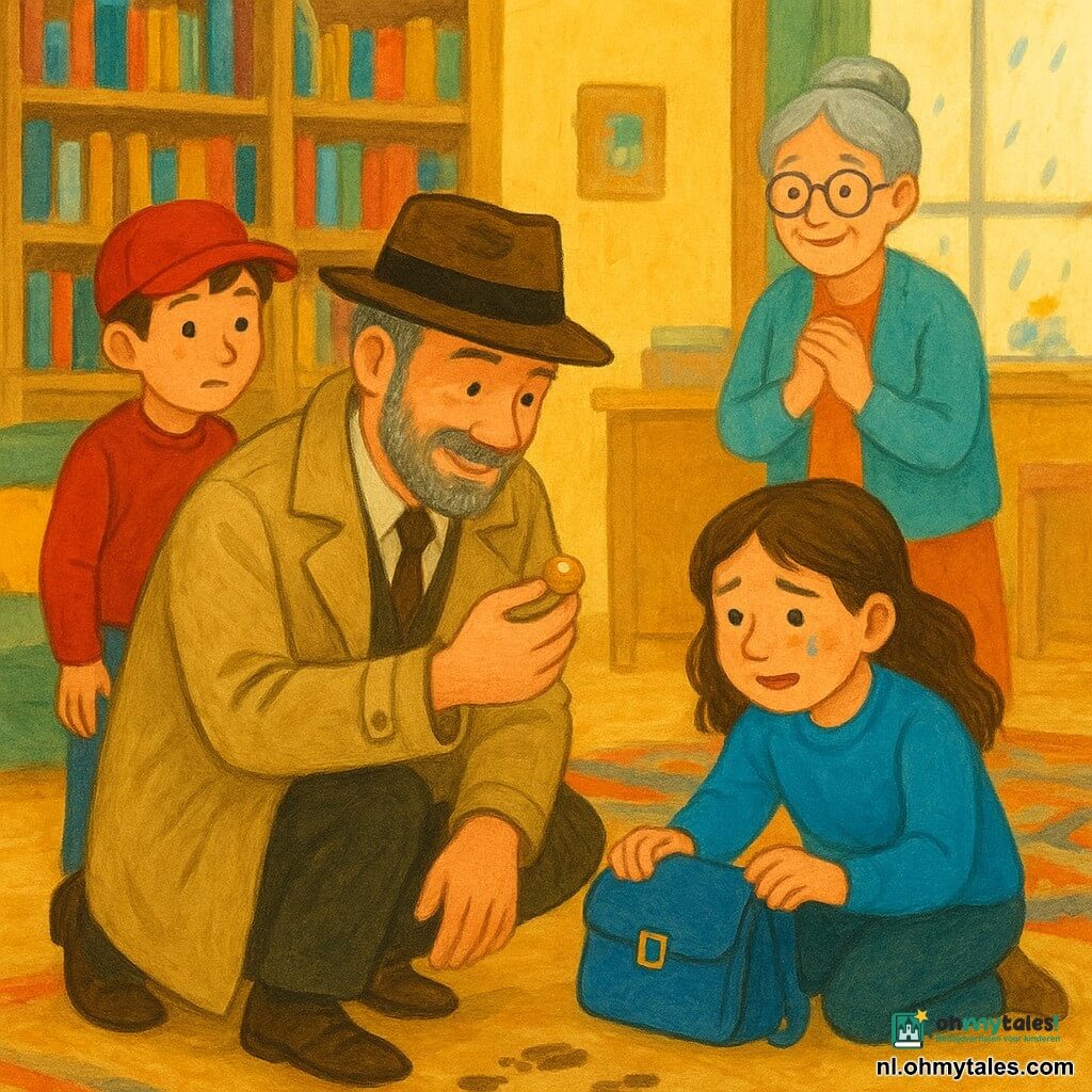 Een vijftigerjarige mannelijke detective, glimlachend maar geconcentreerd, grijs baardje, bruine fedora en beige kreukelige trenchcoat, knielend bij een lage tafel en een glanzende kleine knoop in de hand houdend; een 10-jarige jongen (Sam) met rode pet en verlegen blik staat links achter de detective en bekijkt de aanwijzingen; een 8-jarig meisje (Noor) in felblauwe trui met opgedroogde traanvlekken hurkt bij een grote tafel en toont een kleine blauwe sacoche die onder de tafel is gevonden; een vrouwelijke bibliothecaresse van circa 50 met grijs haar in een knot en ronde bril staat achter de balie met gevouwen handen, opgelucht en blij; binnenin een gezellige bibliotheek met houten kasten vol gekleurde boeken, een patroonkleed, een kinderhoek met kussens en tafeltje en zacht licht door een grote regenraam; situatie: vreugdevolle vondst van de sacoche, aanwijzingen op de vloer (kleine moddersporen, een knoop), uitingen van samenwerking en opluchting, warme, lichte compositie in pastelgouache.