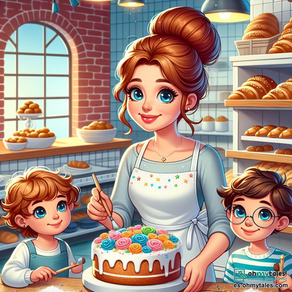 Una mujer panadera, con cabello castaño recogido y una sonrisa cálida, está decorando un hermoso pastel de cumpleaños con flores de azúcar de colores. Lleva un delantal blanco manchado de harina y pequeñas estrellas brillantes. A su lado, dos niños, un niño de 8 años con gafas redondas y una niña de 7 años con cabello rizado, miran con ojos asombrados, sosteniendo pequeños utensilios de repostería. Están cerca de la mesa, ansiosos por ayudar. La escena tiene lugar en una encantadora panadería, con paredes de ladrillo rojo, estanterías de madera llenas de panes dorados y pasteles brillantes, y una gran vitrina con pasteles decorados. La suave luz de la mañana entra por las ventanas, iluminando la habitación con un ambiente alegre. La situación principal muestra a la mujer panadera concentrada y feliz, añadiendo los toques finales a su pastel, mientras los niños, llenos de entusiasmo, se preparan para ayudar, creando una atmósfera de compartir y creatividad.