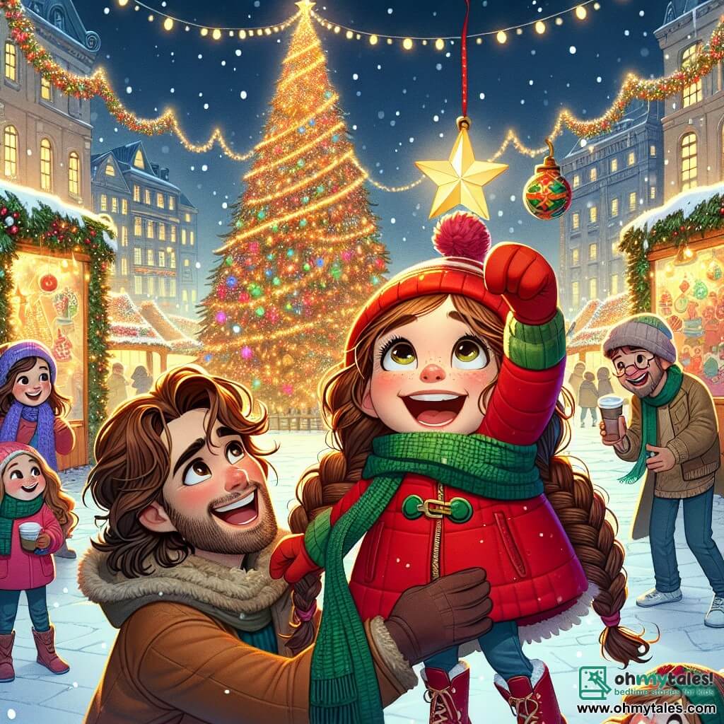 In the center of the image, a 7-year-old girl, Lily, with long braided brown hair, is wearing a bright red coat and a green scarf. Her face radiates joy and excitement as she holds a pretty star-shaped ornament, ready to hang it on a large Christmas tree decorated with sparkling garlands and colorful lights. Next to her, her mother, a woman about 35 with curly brown hair, smiles tenderly while holding a cup of hot chocolate, standing slightly back to admire her daughter. Her father, a man around 38 with a brown beard, is crouched beside them, laughing and taking a photo with his phone, capturing this magical moment. The setting is a lively Christmas market filled with colorful stalls, twinkling lights, and gently falling snowflakes. Children play around a large snowman while families gather near a crackling fire. The main scene shows Lily, full of enthusiasm, ready to hang her ornament on the tree, surrounded by her family and the festive spirit of Christmas, illustrating the magic and joy of this special time.