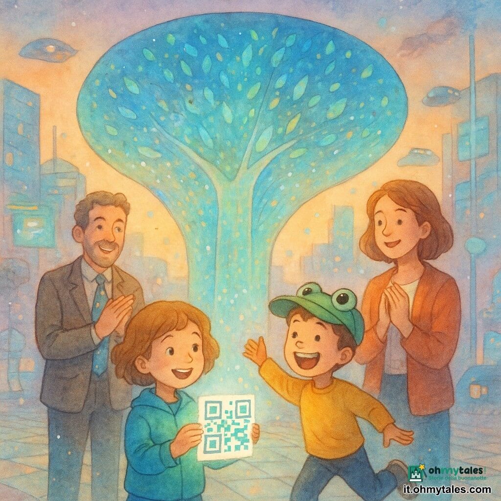 Milla, bambina di 8 anni, sorridente e meravigliata, capelli corti e ricci castano chiaro, indossa una giacca cangiante blu-verde e tiene un QR code luminoso che posa su un grande schermo ad albero; postura sicura, sguardo vivace. Nando, ragazzo di circa 8 anni con visiera verde a forma di rana, ride e salta accanto a lei mostrando il QR code con entusiasmo. Il professor Leo, uomo intorno ai 40 anni con cravatta animata da micro-schermi, applaude sullo sfondo con aria benevola e divertita. La madre di Milla, circa 35 anni, è vicino a loro sorridente e orgogliosa con le mani sul petto. La scena è una piazza urbana futuristica con pavimenti translucidi, piccoli taxi volanti, facciate di vetro, pali d'aria e pannelli olografici; al centro l'Albero delle Storie è uno schermo flessibile a forma di albero con texture luminose iridescenti e piccole foglie digitali che brillano. Atmosfera: tardo pomeriggio dorato misto a neon pastello, bambini che ridono, coriandoli di luce e sottili gocce ad acquerello nell'aria per un effetto onirico.