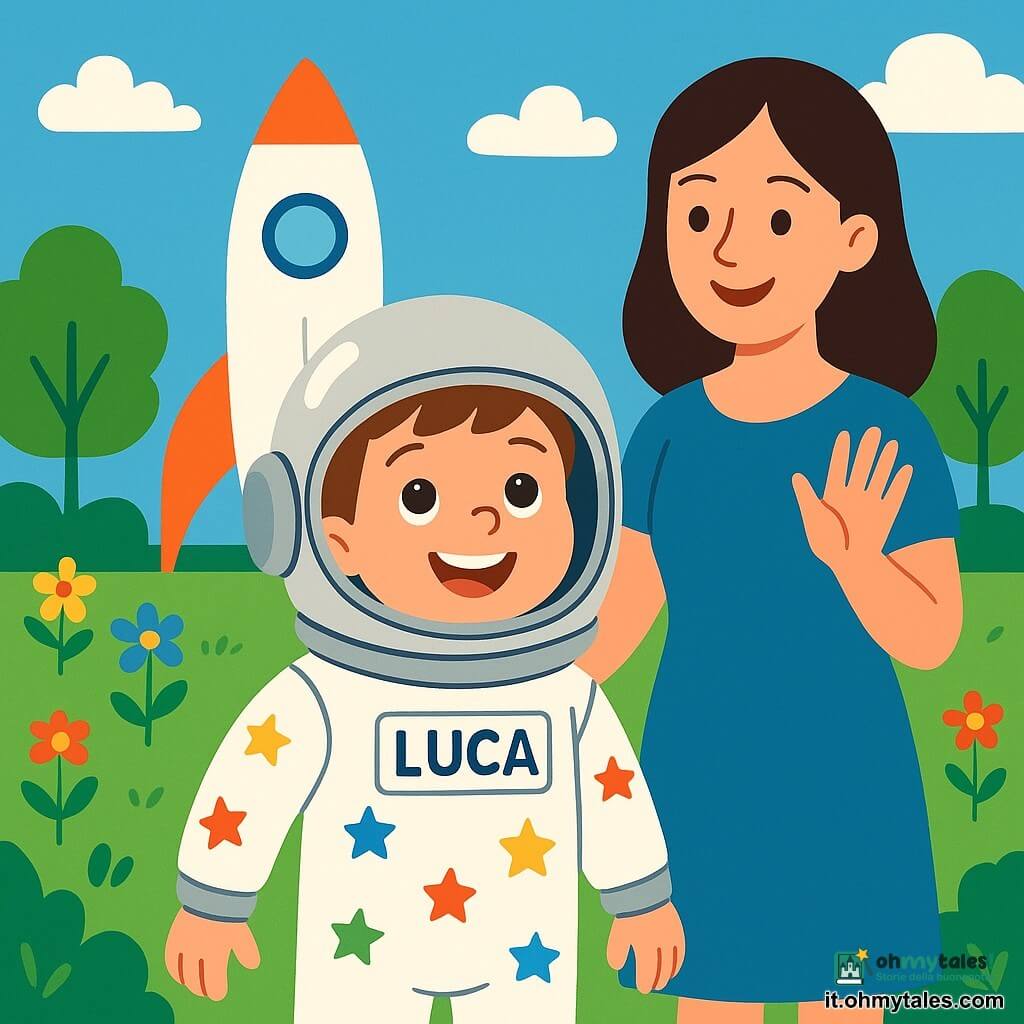 Un giovane ragazzo di 7 anni di nome Luca indossa un grande casco d'astronauta argentato e una tuta spaziale bianca con stelle colorate. Il suo viso è pieno di eccitazione e curiosità, con gli occhi brillanti rivolti verso il cielo. Accanto a lui, sua madre, una donna di circa trent'anni con capelli castani e vestita con un abito blu, sorride calorosamente e gli fa un segno di saluto, piena di orgoglio. La scena si svolge su un ampio campo di lancio, con un grande shuttle brillante sullo sfondo, circondato da fiori colorati e alberi verdi. Il cielo è di un blu intenso, punteggiato da alcune nuvole bianche e soffici. Luca è davanti allo shuttle, pronto a imbarcarsi per un'incredibile avventura tra le stelle, con un grande sorriso sul volto, pieno di entusiasmo e impazienza.