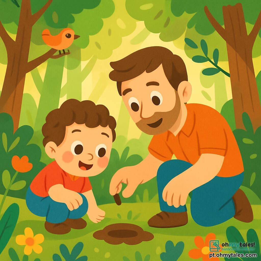 Um menino de 2 anos, com cabelos castanhos e cacheados, e grandes olhos brilhantes de curiosidade, está agachado em uma floresta verdejante. Ele sorri alegremente, com as bochechas rosadas iluminadas pelo sol. Ao seu lado, seu pai, um homem na casa dos trinta anos, com cabelos castanhos e uma leve barba, se inclina para lhe mostrar uma pequena semente. Eles estão cercados por flores coloridas e folhas brilhantes, criando uma atmosfera alegre e vibrante. A floresta é densa, com árvores majestosas e troncos grossos, e raios de sol que penetram através da folhagem, iluminando o solo coberto de musgo macio. Pássaros cantam nos galhos, adicionando uma melodia suave a essa cena pacífica. O menino e seu pai estão plantando uma semente em um pequeno buraco que cavaram juntos, cheios de excitação e amor pela natureza.