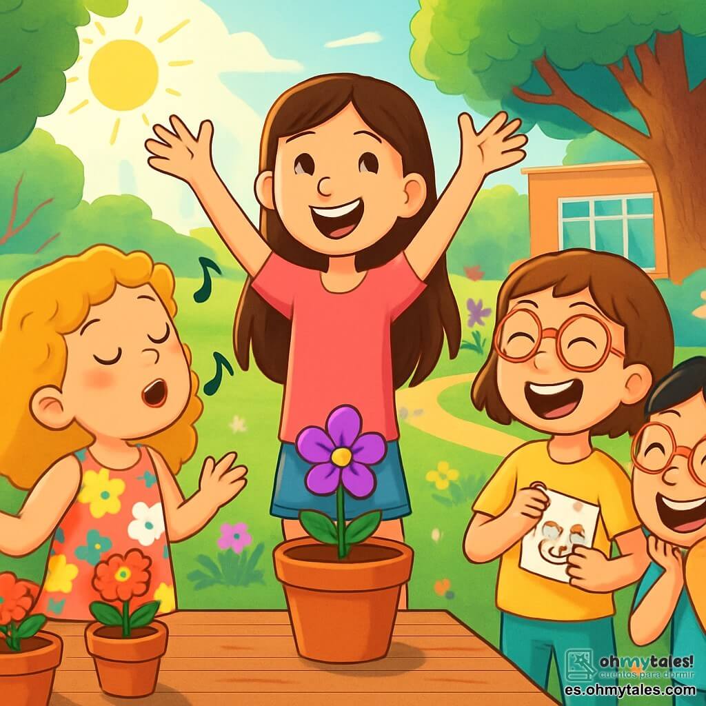 Hay 4 niños: - Martina: Una niña de 9 años, alta y esbelta, con cabello largo y castaño, lleva una camiseta rosa y un pantalón corto de mezclilla. Está en el centro, sonriendo y levantando los brazos como para animar su planta. - Lucía: Una niña de 8 años, con cabello rizado y dorado, lleva un vestido de flores coloridas. Está a la izquierda de Martina, cantando alegremente mientras mira la planta. - Carla: Una niña de 9 años, con gafas rojas, cabello corto y castaño. Está a la derecha de Martina, riendo y sosteniendo un pequeño papel con un dibujo de un gato. - Sofía: Una niña de 8 años, con cabello liso y negro, lleva una camiseta azul y pantalones verdes. Está ligeramente atrás, observando la planta con una dulce sonrisa, con las manos en las mejillas. El lugar es un jardín escolar soleado, lleno de flores coloridas y árboles majestuosos. El suelo está cubierto de hierba verde y fresca, y una gran mesa de madera está decorada con macetas. Al fondo, se pueden ver otros niños jugando y riendo, añadiendo un ambiente alegre a la escena. La situación principal muestra a los cuatro amigos reunidos alrededor de su pequeña planta, que acaba de florecer con una bonita flor violeta. Expresan su alegría y orgullo, cantando juntos y celebrando su amistad, mientras los rayos de sol iluminan sus rostros, creando una atmósfera cálida y festiva.