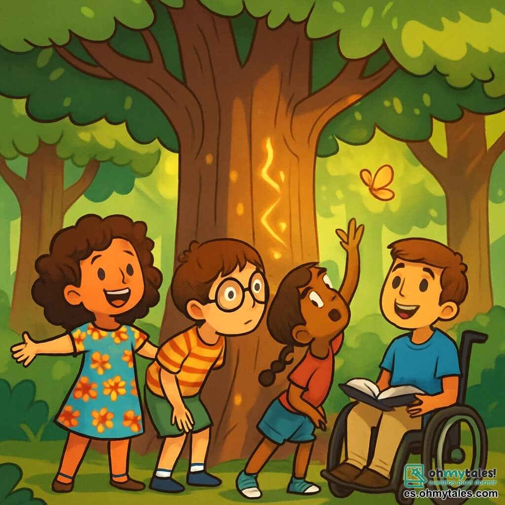 Hay 4 niños: - Lucía: una niña de 10 años, con cabello rizado y un vestido colorido adornado con flores. Sonríe alegremente, con los brazos abiertos, como si estuviera dando la bienvenida a una nueva aventura. - Martín: un niño de 11 años, con gafas redondas y una camiseta a rayas. Se inclina hacia adelante, observando atentamente el gran árbol, con los ojos brillantes de curiosidad. - Sofía: una niña de 9 años, pequeña y activa, con trenzas y un short de mezclilla. Se pone de puntillas, tratando de atrapar una mariposa dorada que vuela a su alrededor. - Pablo: un niño de 12 años, sentado en una silla de ruedas, con una sonrisa cálida y una camiseta azul. Mira a sus amigos con orgullo, sosteniendo un libro abierto sobre sus piernas. El lugar donde ocurre la situación principal es un viejo bosque encantado, lleno de árboles majestuosos con troncos gruesos y hojas de un verde brillante. En el centro, se alza un árbol gigantesco, cuyas ramas se extienden hacia el cielo como brazos acogedores. Runas luminosas brillan en su tronco, creando una atmósfera mágica, mientras una suave luz dorada filtra a través de las hojas. La situación principal de la historia muestra a los cuatro amigos reunidos alrededor del árbol, fascinados por la mariposa dorada que vuela a su alrededor. Están a punto de enfrentar un desafío mágico, cada uno expresando una emoción diferente: curiosidad, emoción y determinación.