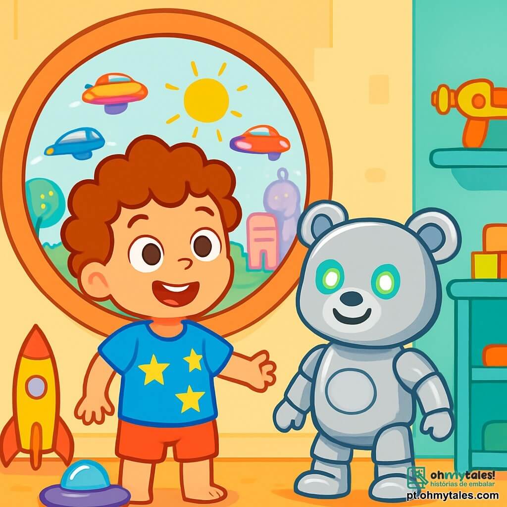 Um menino de 4 anos, Leo, com cabelos cacheados e olhos brilhantes de curiosidade, está em frente a uma janela redonda, com um grande sorriso no rosto. Ele usa uma camiseta azul vibrante com estrelas amarelas e um short vermelho. Ao seu lado, seu amigo, um ursinho de pelúcia robotizado chamado Pipoca, tem um corpo prateado brilhante e olhos luminosos que piscam alegremente. A cena acontece no quarto de Leo, cheio de brinquedos futuristas e paredes em cores pastel. Do lado de fora da janela, vê-se uma cidade futurista com carros voadores coloridos, árvores cintilantes e edifícios com formas estranhas que parecem dançar sob o sol. A situação principal mostra Leo, animado e curioso, aguardando ansiosamente a chegada do Robô Sorridente, que vai transformar seu dia em uma aventura incrível.