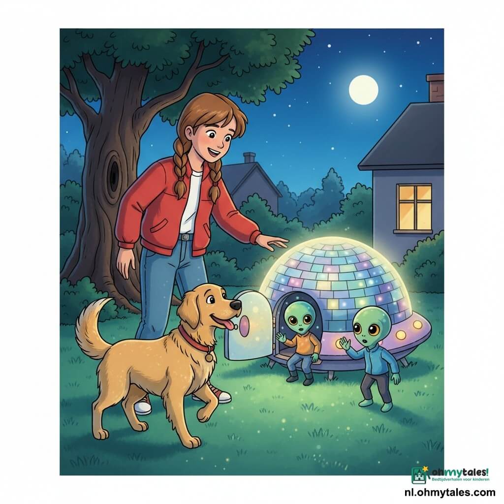 Luna, een 12-jarig meisje met lichtbruin haar in twee vlechten en een rode jas met jeans, glimlacht verwonderd en reikt naar een klein rond lichtgevend ruimteschip op het gazon; haar middelgrote golden retriever Max kwispelt blij aan haar voeten terwijl twee kleine vriendelijke buitenaardse wezens met iriserende blauwgroene huid en gouden ogen, hun kleding van kleur veranderend, uit de deur van het schip stappen en één de hand opsteekt als groet; scène: een rustige magische avond in een voorstadstuin met glanzend groen gras, een oude knoestige boom links, een huis met een verlicht raam, een sterrenhemel en volle maan, het schip straalt zachte meerkleurige lichten en een warme ontdekkingssfeer uit.