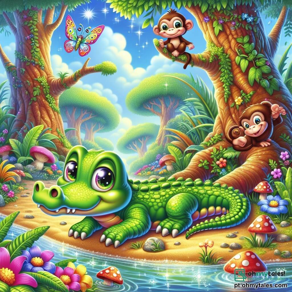 Um crocodilo fofo e curioso, com uma pele verde brilhante e grandes olhos redondos e brilhantes, observa com determinação a paisagem à sua frente. Ele está na margem de um riacho cintilante, com suas pequenas patas apoiadas no solo arenoso, pronto para partir em uma aventura. Ao seu lado, uma pequena borboleta de asas multicoloridas, Lila, voa alegremente ao seu redor, enquanto um macaco travesso, Tito, de pelos marrons e olhos travessos, sobe em um galho logo acima deles, sorrindo e incentivando seu amigo. O cenário é uma floresta encantada, com árvores majestosas de troncos grossos e folhas verdes brilhantes, enquanto flores coloridas e cogumelos de formas estranhas salpicam o chão. O céu é de um azul vibrante, salpicado de nuvens fofas. A situação principal mostra Croco, Lila e Tito diante de uma encruzilhada misteriosa, onde três caminhos se apresentam a eles: um caminho ladeado por árvores falantes, outro repleto de flores cantantes e um túnel intrigante de bambus, enquanto se preparam para escolher sua próxima aventura.