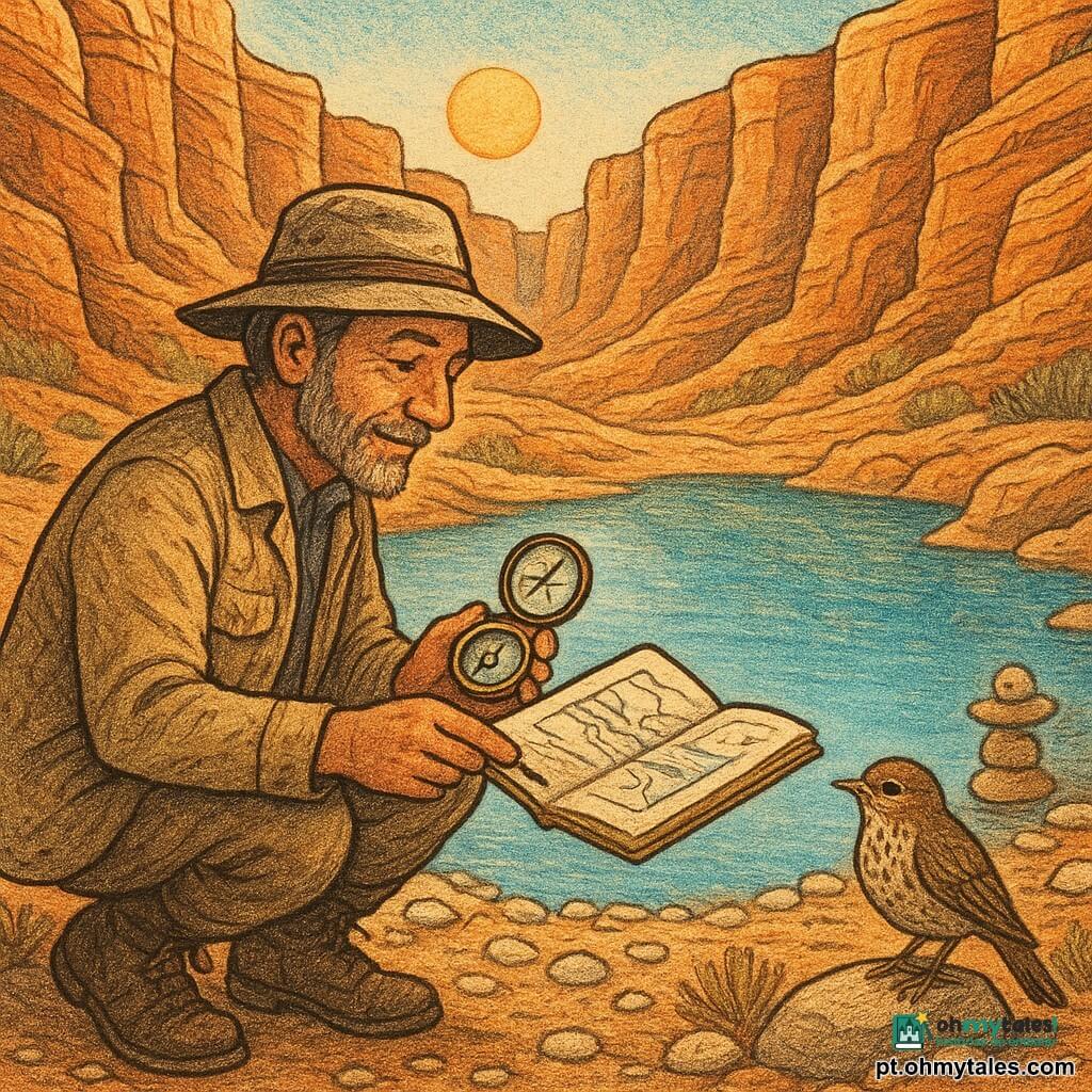 Joaquim, explorador de rosto marcado, barba curta grisalha, chapéu de lona gasto, jaqueta bege empoeirada e botas de couro, está agachado à beira de um pequeno lago azul claro, sereno e maravilhado, segurando uma bússola numa mão e desenhando de traços largos num caderno com a outra; um pequeno passeriforme de penas castanhas com manchas brancas pousa numa pedra próxima olhando o caderno; o cenário são yardangs — altas paredes de pedra erodida em camadas laranja e ocre, corredores estreitos, tufos de plantas salgadas e praias de seixos brancos ao redor do espelho d’água — enquanto ele mede e cartografa o lago, pedras empilhadas em flechas indicam direção, o sol baixo projeta sombras longas e reflexos cintilantes, atmosfera de descoberta calma e luminosa; estilo gráfico com hachuras visíveis, cores levemente desbotadas como impressão em jornal, composição centrada no homem e no caderno, detalhes nítidos na bússola, nas pegadas e nas texturas das rochas.