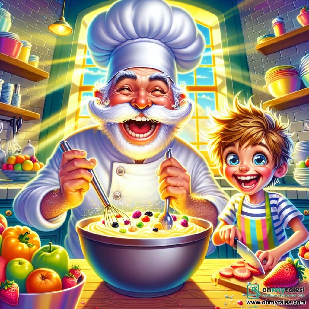 In a bright and colorful kitchen, a cheerful chef in his fifties with a large white mustache and a tall chef's hat mixes cake batter in a large bowl. His face radiates happiness and excitement as he adds colorful fruits to the mixture. Next to him, an 8-year-old boy named Timmy, with messy brown hair and a striped apron, cuts strawberries with a big smile, his eyes shining with enthusiasm as he admires the chef. The kitchen is filled with pots and pans, featuring bright yellow walls and shelves overflowing with fresh fruits. Sunlight streams through the window, illuminating the scene with a warm and welcoming glow. The main focus shows the chef and Timmy joyfully preparing a beautiful fruit cake together, ready to share their delicious creation with friends.