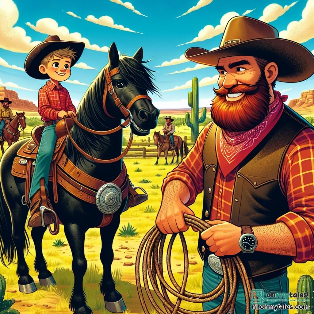 Cowboy Sam, een man van in de dertig, draagt een grote cowboyhoed, een rood geruit shirt en een leren vest. Hij heeft een warme glimlach en sprankelende ogen vol vastberadenheid terwijl hij trots op zijn paard Bliksem staat, een prachtig zwart paard met glanzende manen. Naast hem staat een grote man met een rode baard, ongeveer veertig jaar oud, gekleed in een katoenen shirt en een bandana om zijn nek. Hij glimlacht vriendelijk en steekt zijn hand op als groet terwijl hij bij het kampvuur staat, omringd door andere cowboys. De achtergrond is een uitgestrekte zonovergoten prairie met golvende heuvels aan de horizon en verspreide cactussen. De lucht is helderblauw met een paar donzige witte wolken. De belangrijkste situatie toont Cowboy Sam die de grote man met de baard uitdaagt voor een lasso-wedstrijd, beiden geconcentreerd en klaar om hun touwen naar houten doelen te gooien, terwijl de andere cowboys hen enthousiast aanmoedigen.